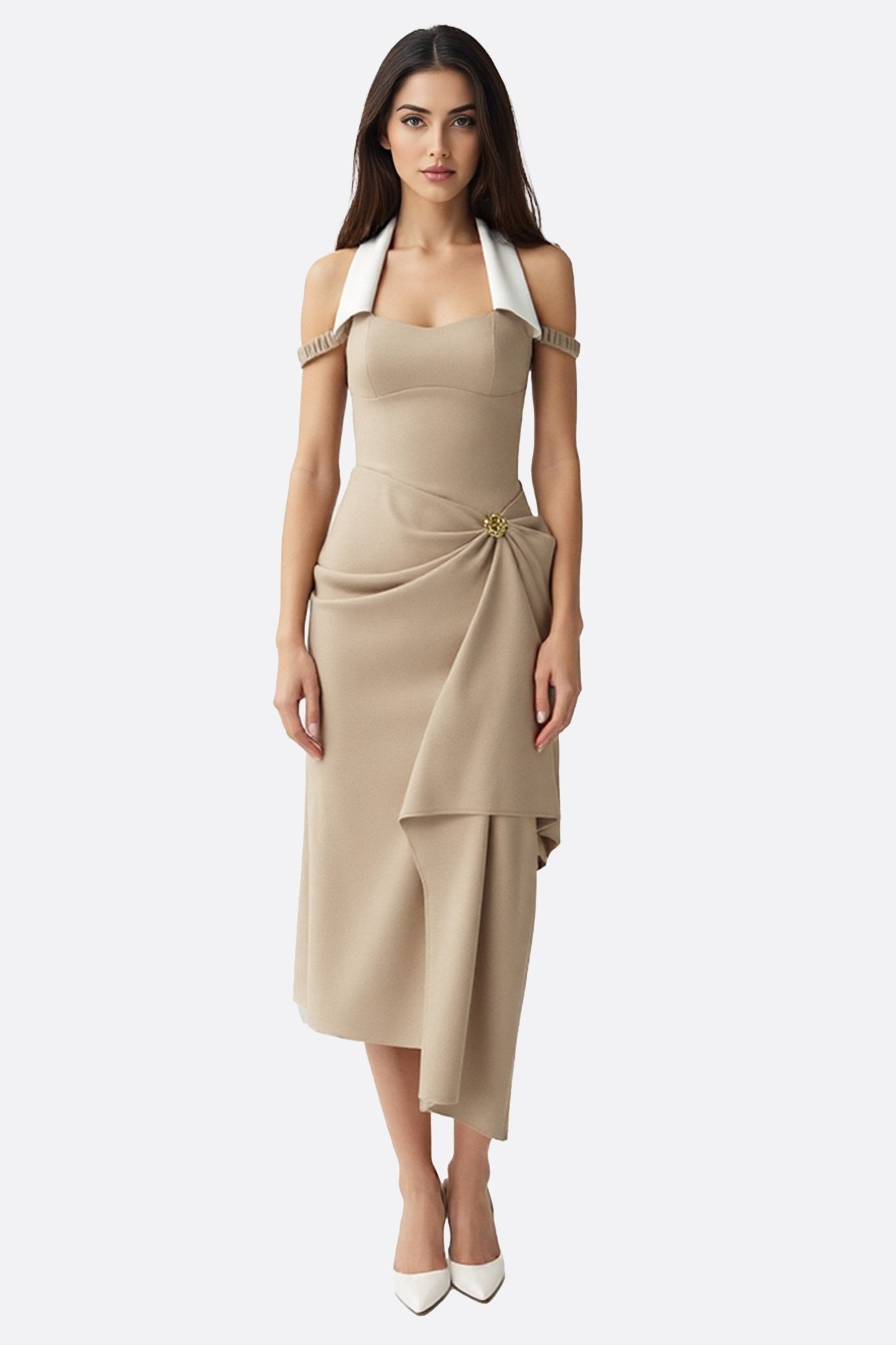 Robe drapée en crêpe beige à encolure contrastée - MISCIANO