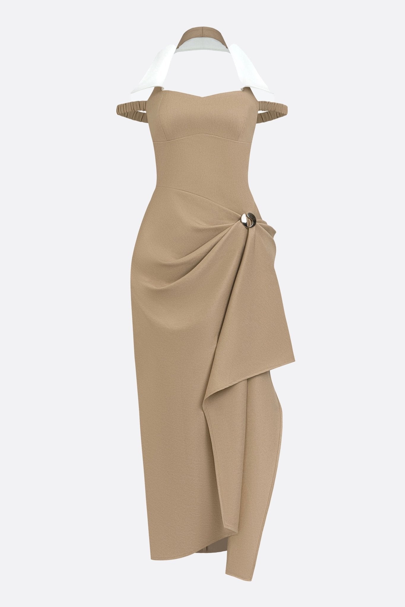 Détail d'une robe en crêpe beige, drapée avec une encolure chic, idéale pour une soirée élégante et contemporaine.