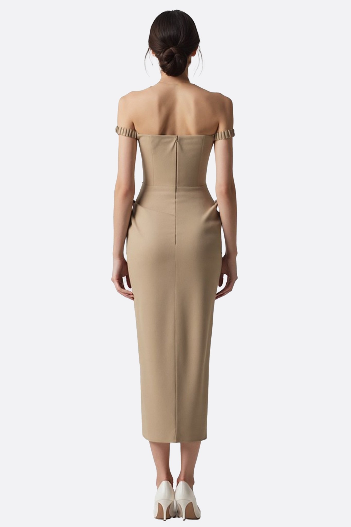 Robe drapée en crêpe beige à encolure contrastée - MISCIANO