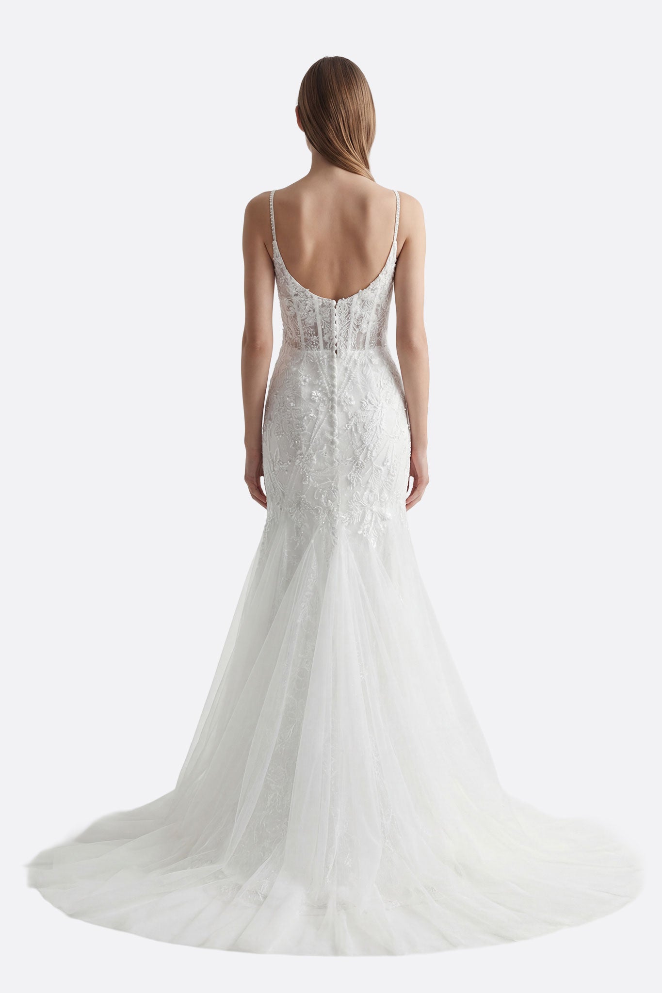 Robe longue blanche Marla en dentelle et tulle à fines bretelles