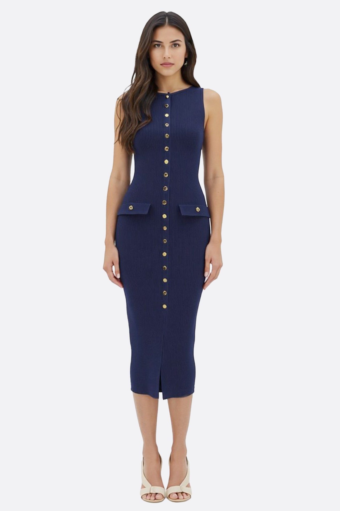 Robe longue bleu marine sans manches en maille côtelée à boutons - MISCIANO