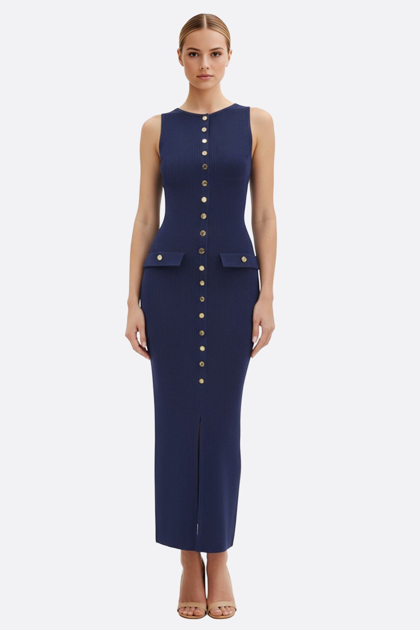 Robe sans manches en maille côtelée bleu marine, élégante et raffinée, idéale pour une soirée chic.