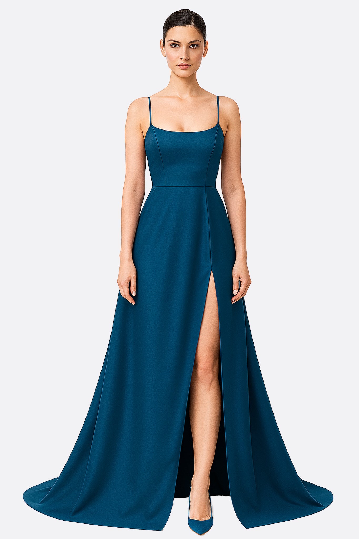 Langes Kleid in Entenblau mit gekreuzten Trägern und seitlichem Schlitz 
