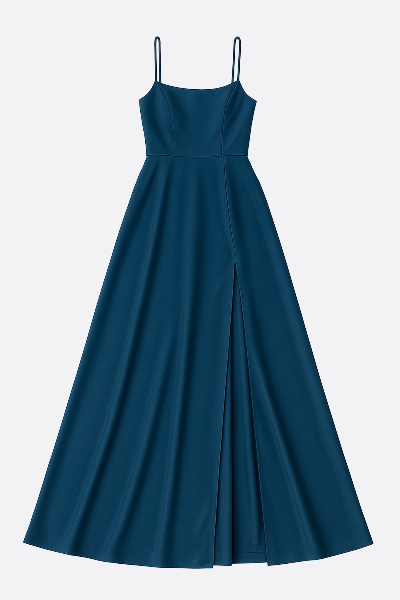 Vestido largo en azul pato, con tirantes cruzados y espalda descubierta, destacando su abertura lateral para un toque...