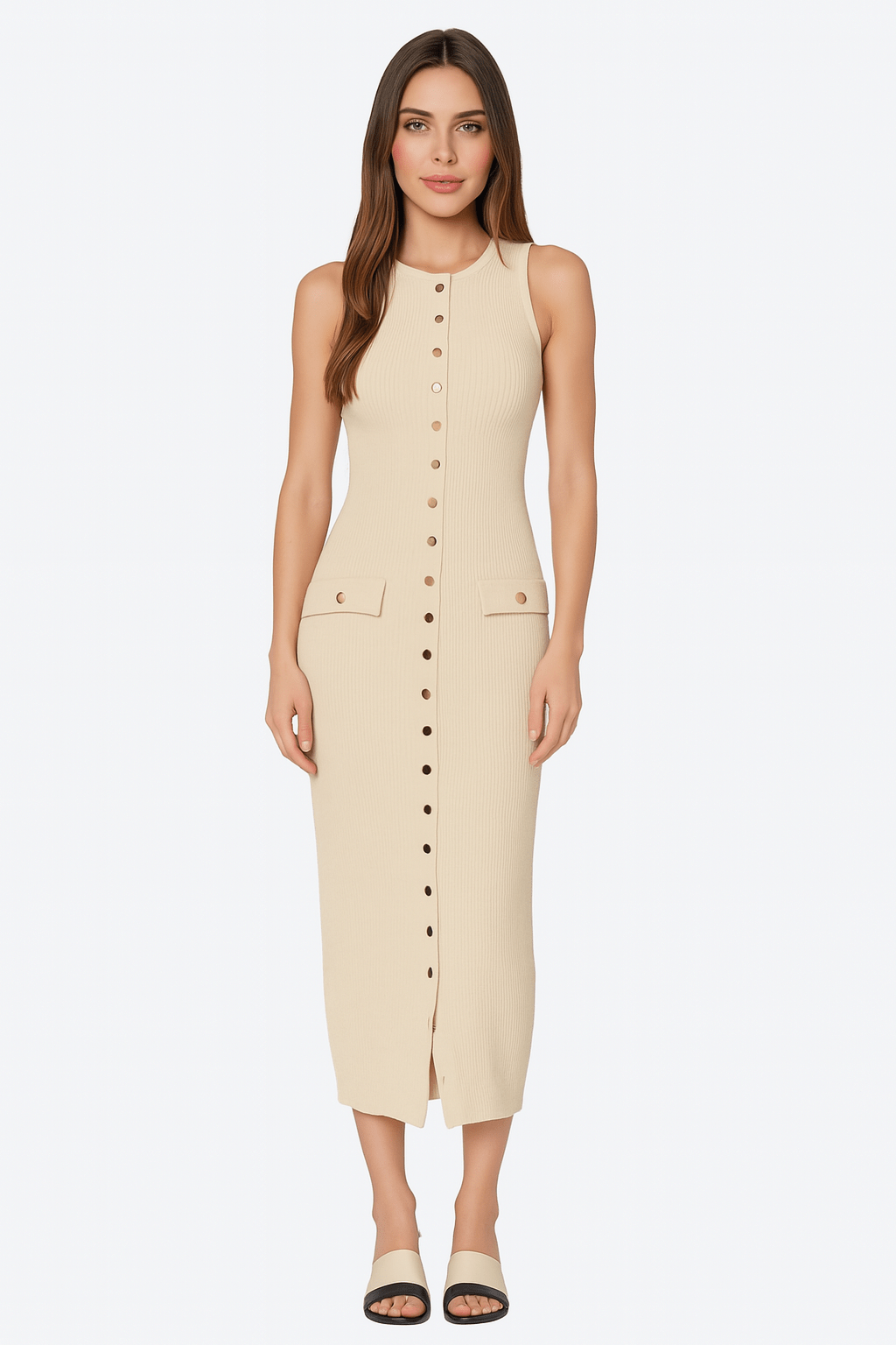 Robe longue écru sans manches en maille côtelée à boutons - MISCIANO