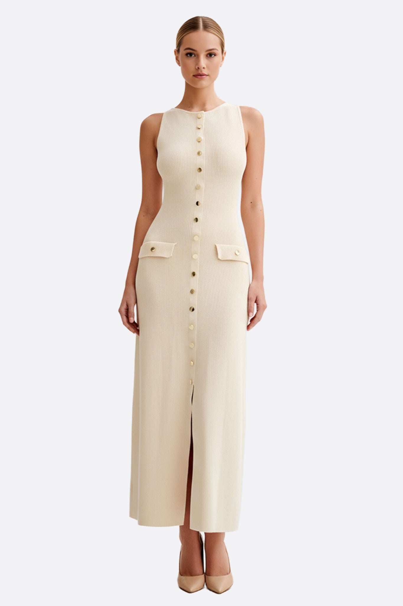 
Robe longue écrue à boutons, en maille côtelée, alliant élégance moderne et style chic pour une soirée raffinée.



