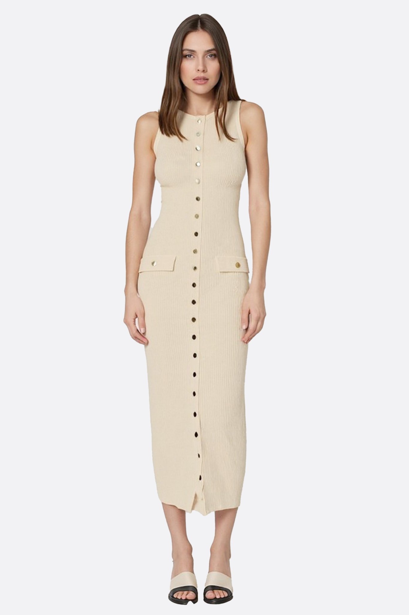 Robe longue écru sans manches en maille côtelée à boutons - MISCIANO