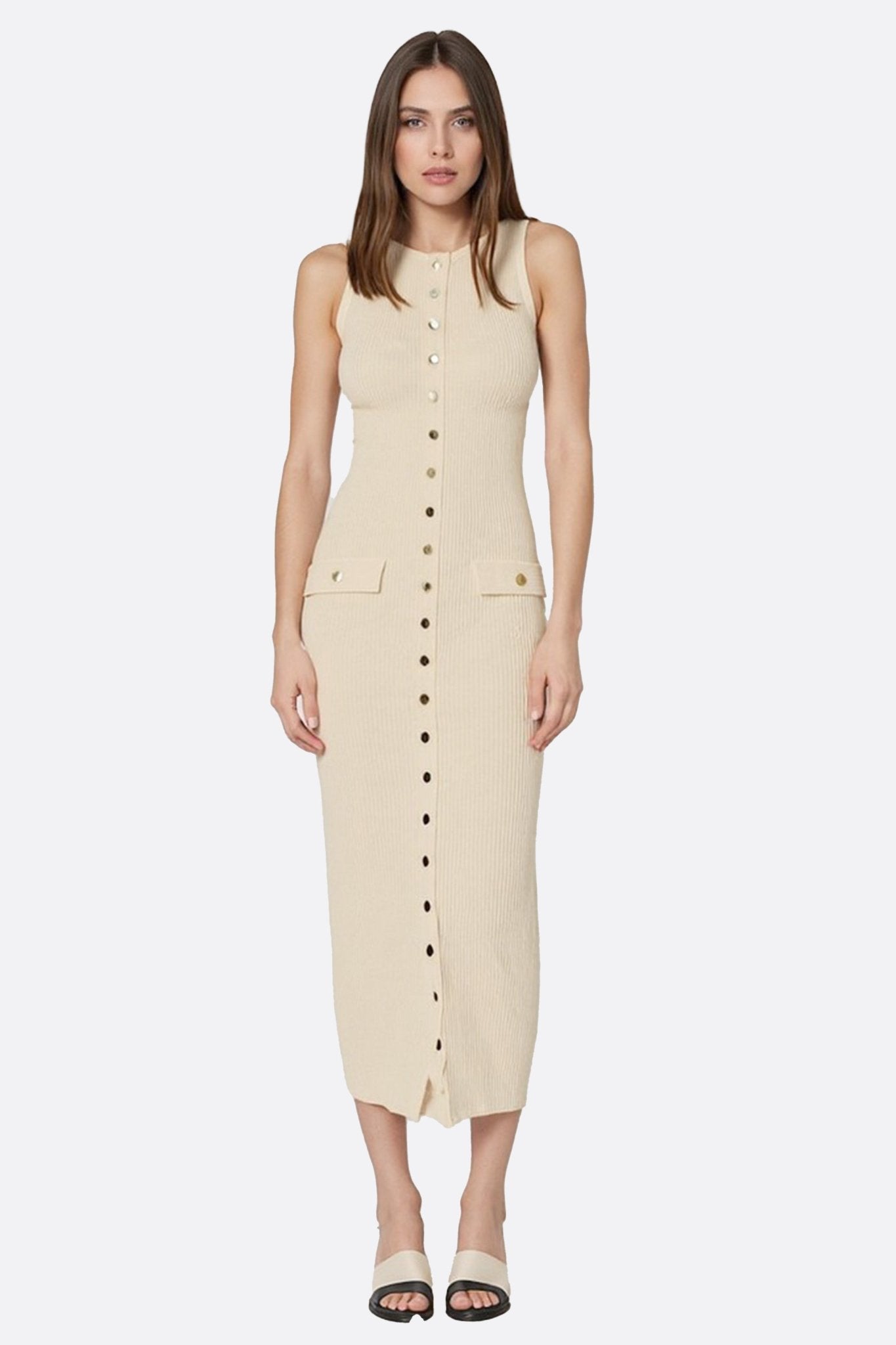 Robe longue écru sans manches en maille côtelée à boutons - MISCIANO