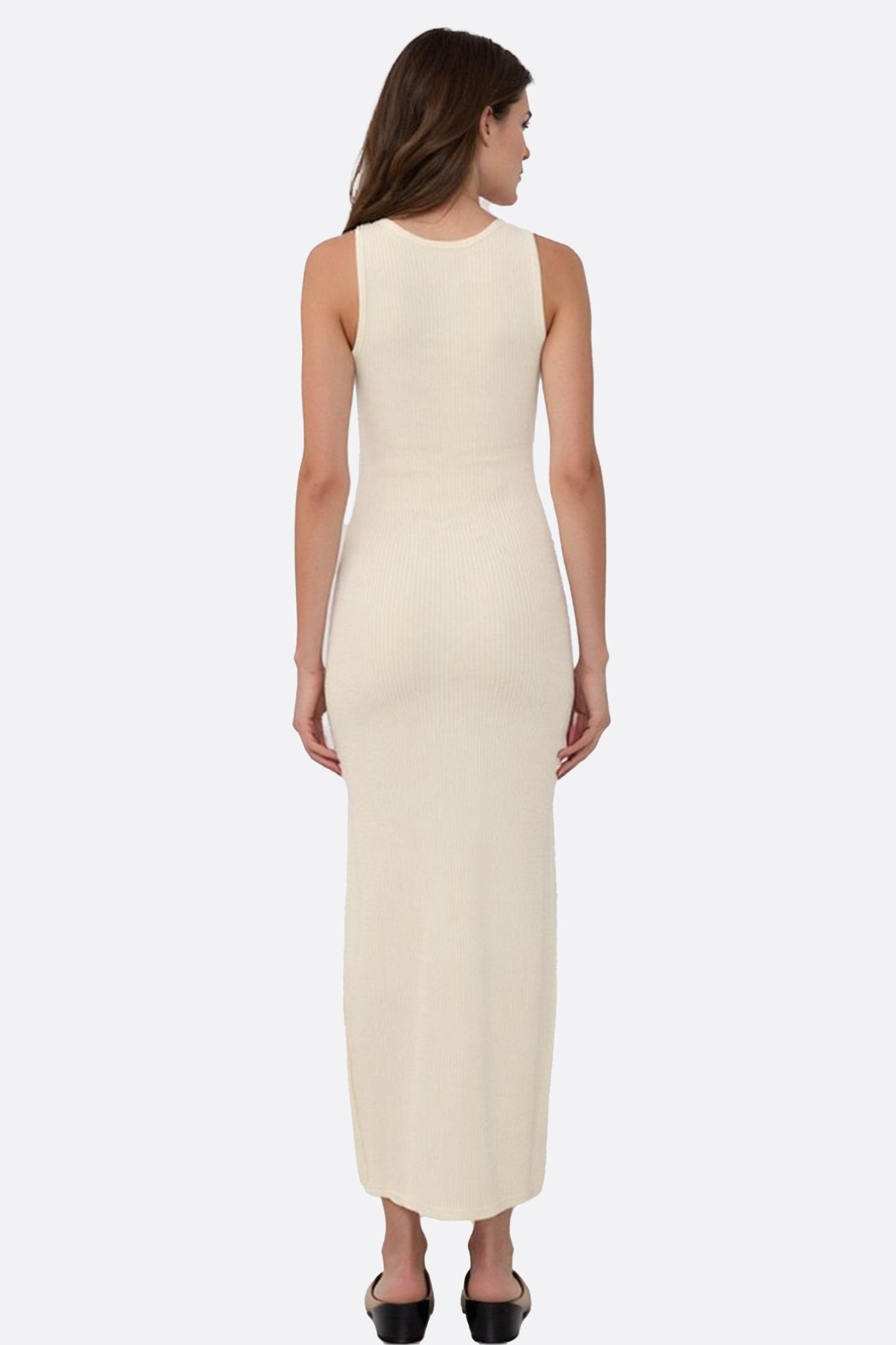Robe longue écru sans manches en maille côtelée à boutons - MISCIANO