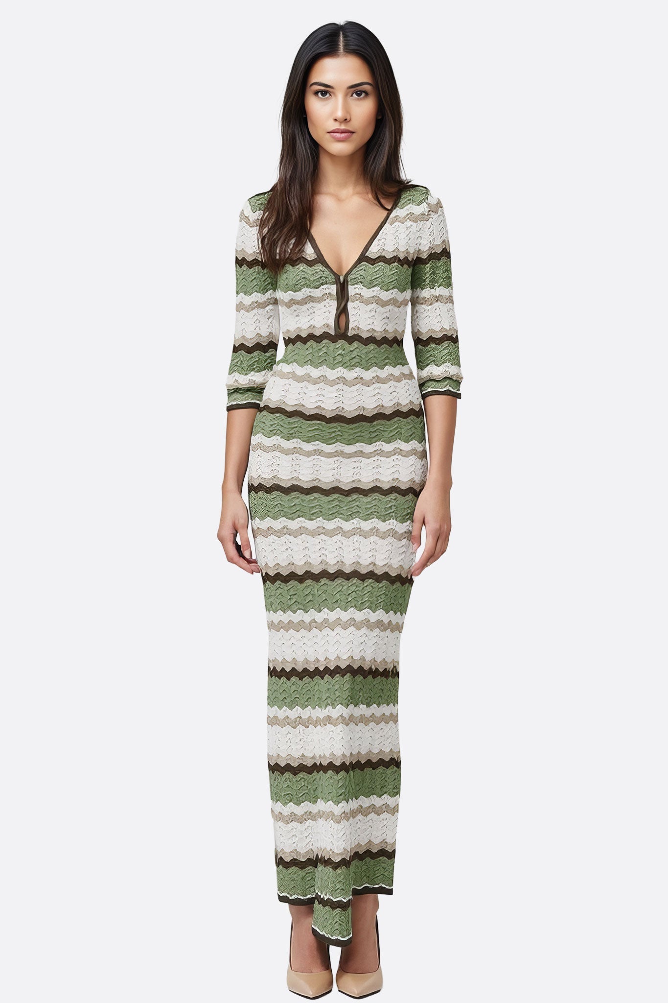 Robe longue en crochet à rayures ondulées vert sauge et ivoire - MISCIANO