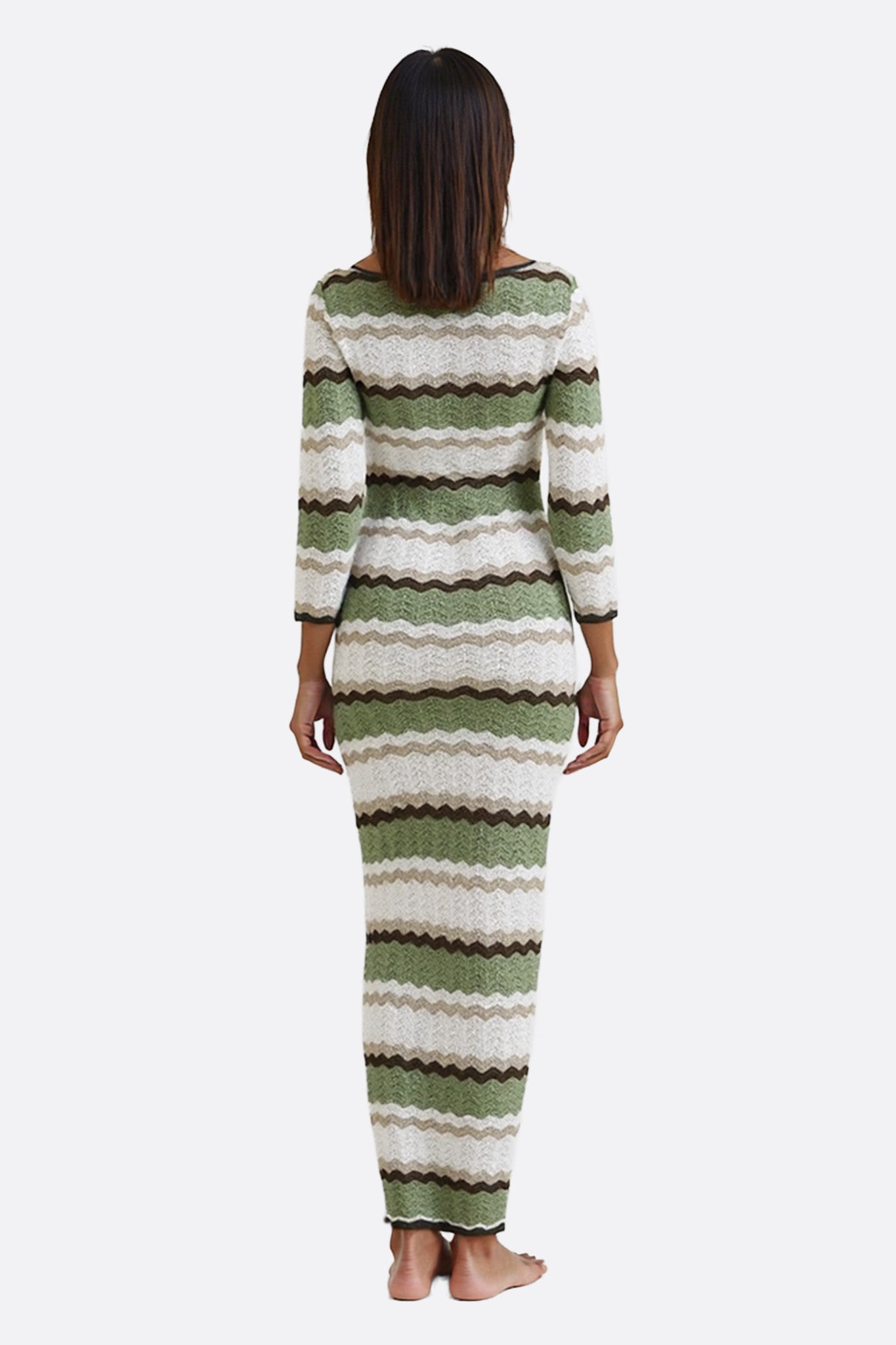 Robe longue en crochet à rayures ondulées vert sauge et ivoire - MISCIANO