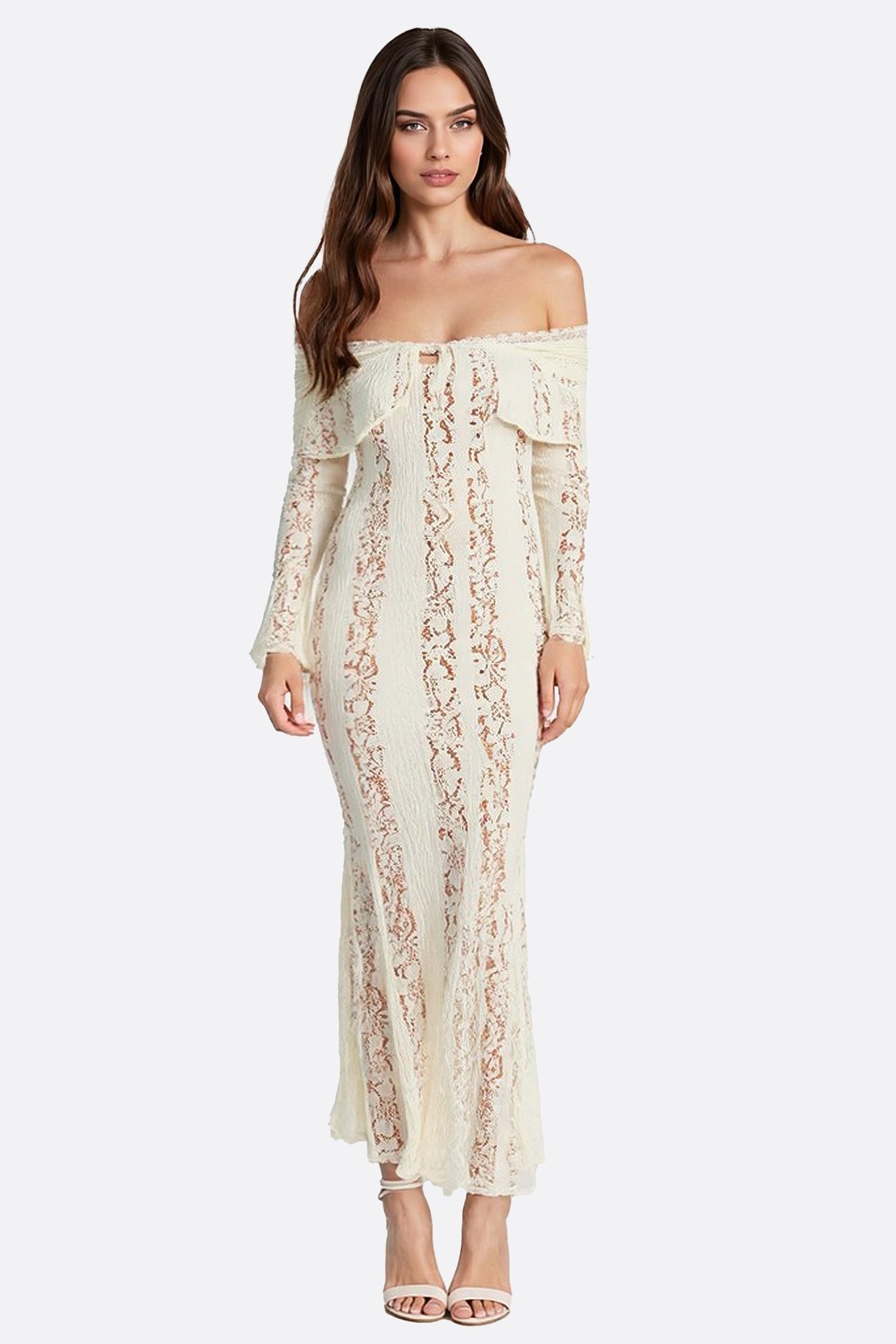Robe longue en dentelle blanche à épaules dénudées - MISCIANO