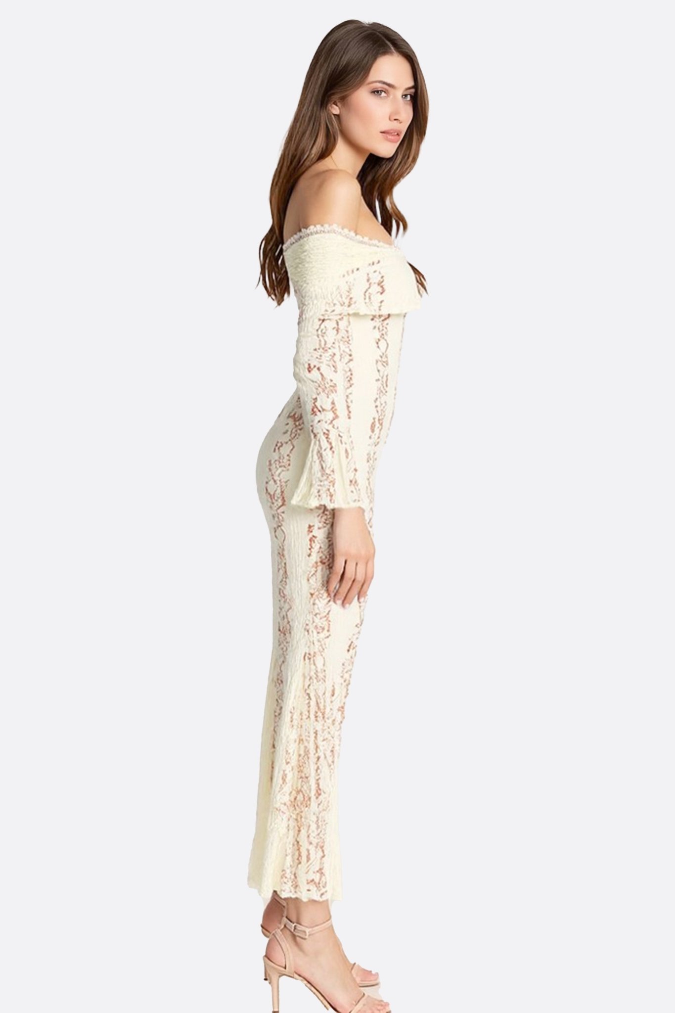 Robe longue en dentelle blanche à épaules dénudées - MISCIANO