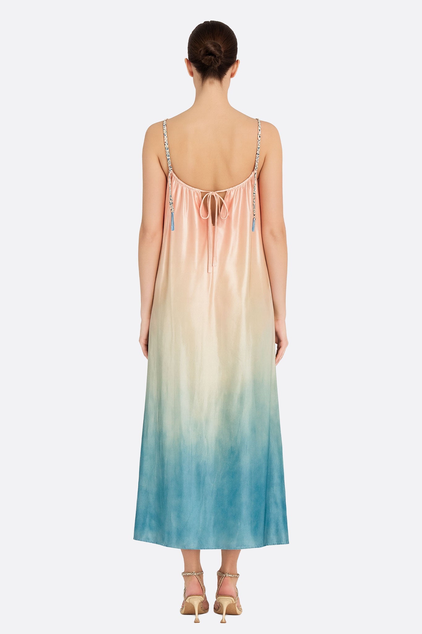 Long satin gradient dress in peach and turquoise - Summer elegance   Misciano