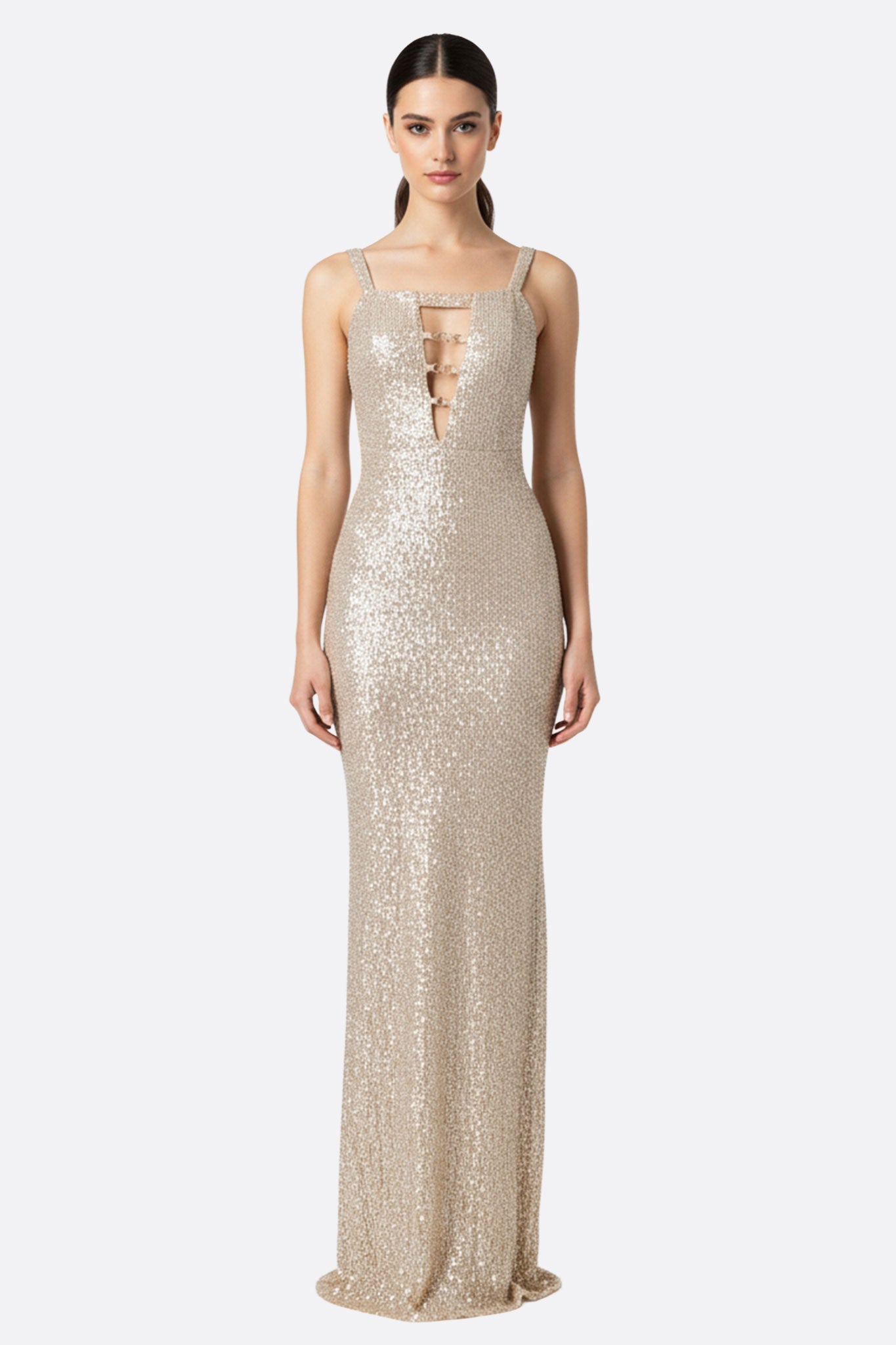 Abito lungo fendente dorato champagne con paillettes scintillanti, ideale per serate di gala e eventi eleganti.