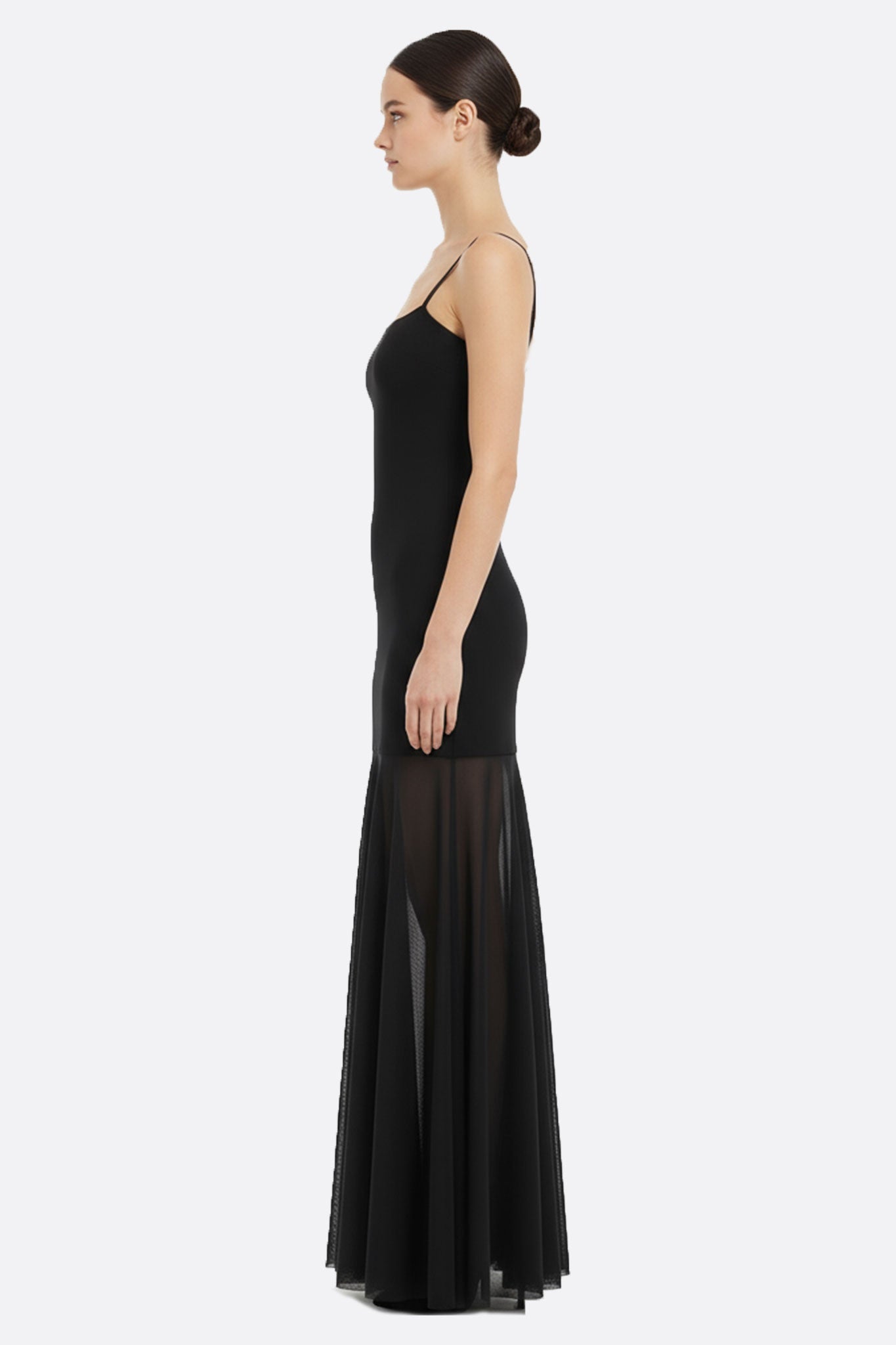 black maxi dress with sheer skirt Robe Longue Noire Bretelles Transparente Femme
