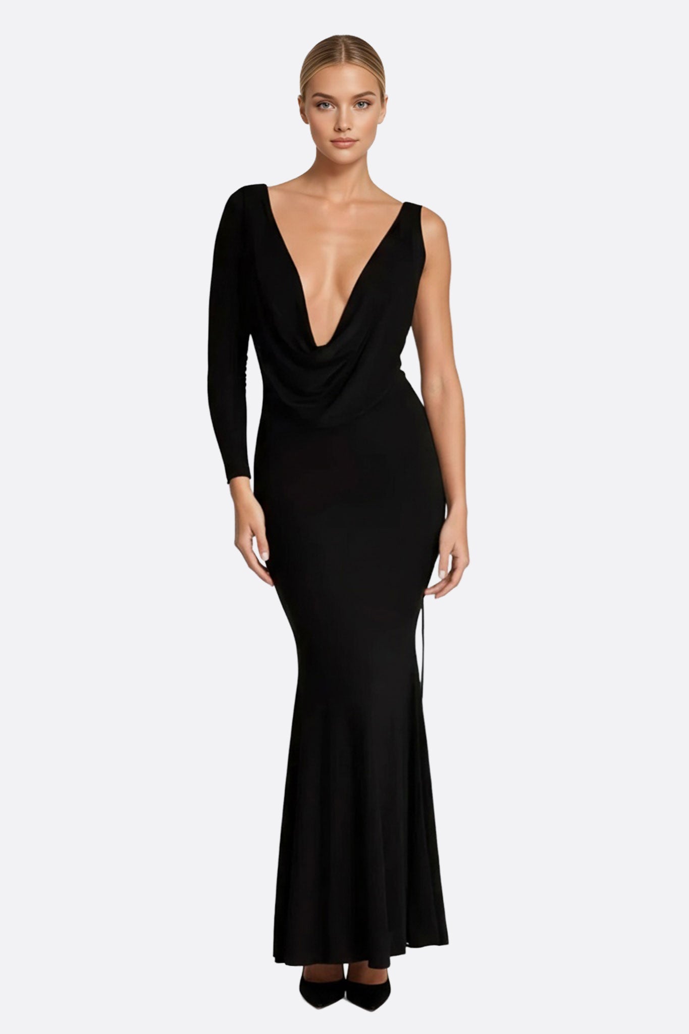 Robe longue noire à col bénitier plongeant, cordons délicats, style chic pour une soirée élégante.