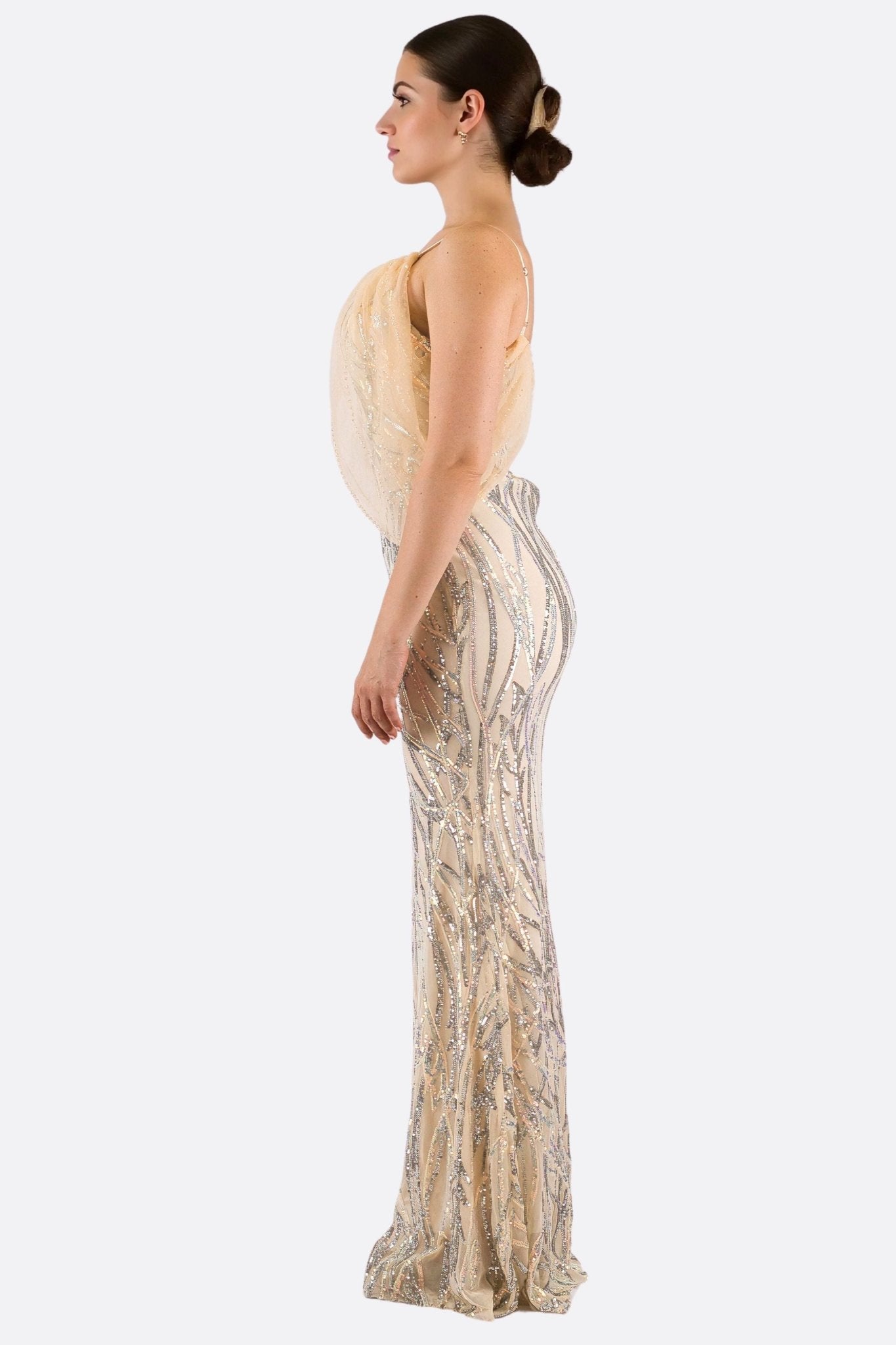 Robe Longue Nude Sequins Argents Drape Femme | Misciano Robe Longue Nude Sequins Argents Drape Femme | Misciano