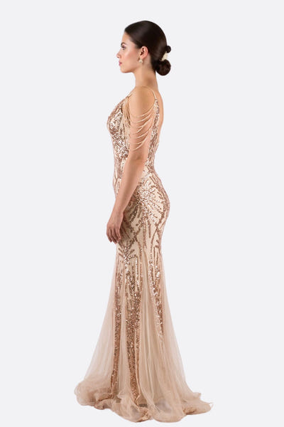 
Détail de la robe longue nude, mettant en avant les sequins rosés scintillants et les délicates manches à chaînes perlées.



