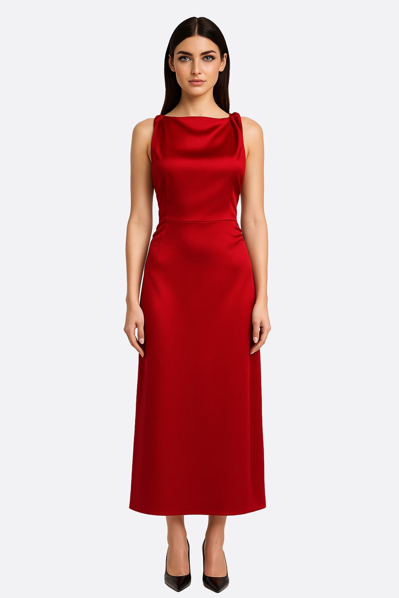 Robe longue satinée rouge à encolure Américaine - MISCIANO