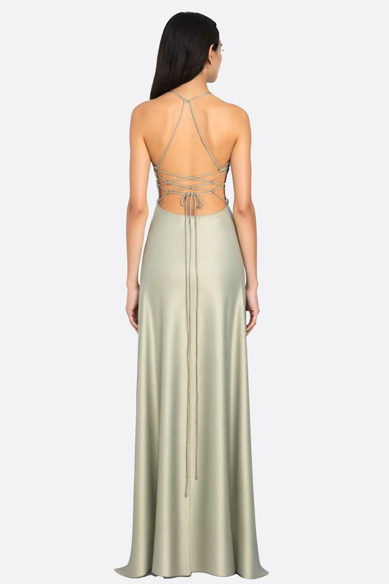 Robe longue satinée vert sauge à dos lacé et fente haute - MISCIANO