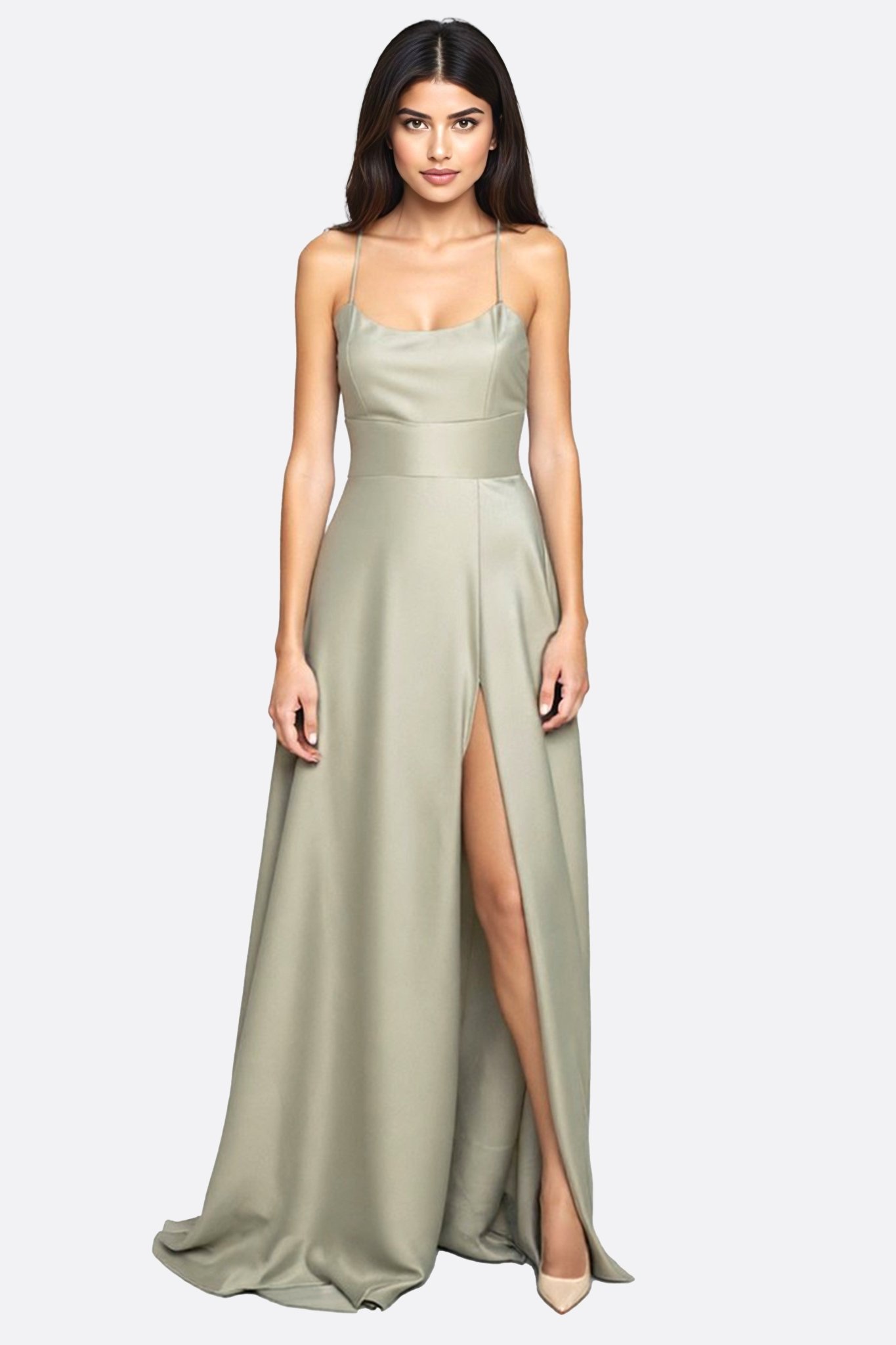 Robe longue satinée vert sauge à dos lacé et fente haute - MISCIANO