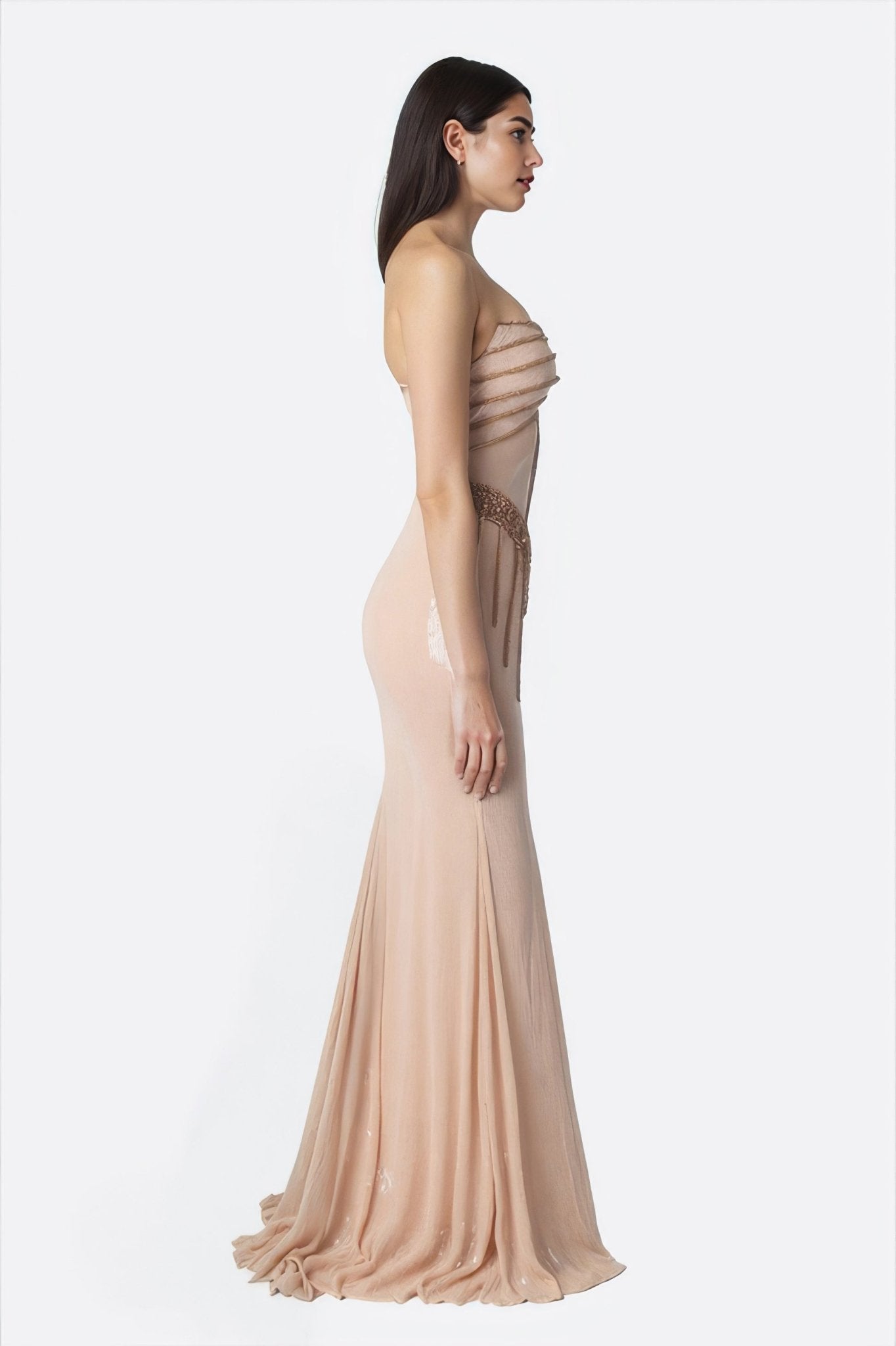 Robe longue sirène beige brodée - MISCIANO