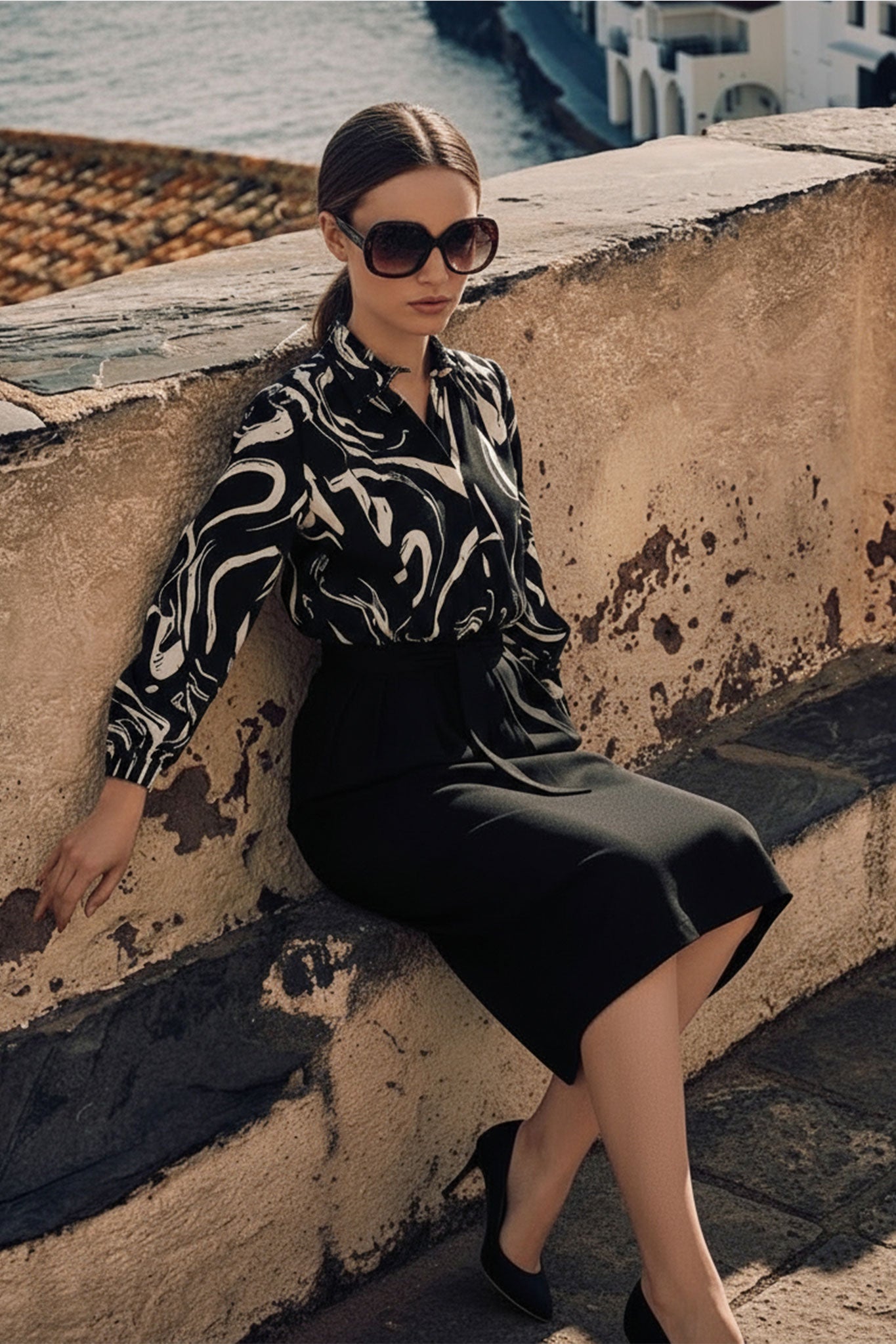 Détail sur le dos de la robe noire mi-longue, mettant en avant la ceinture nouée et le haut à motifs abstraits.