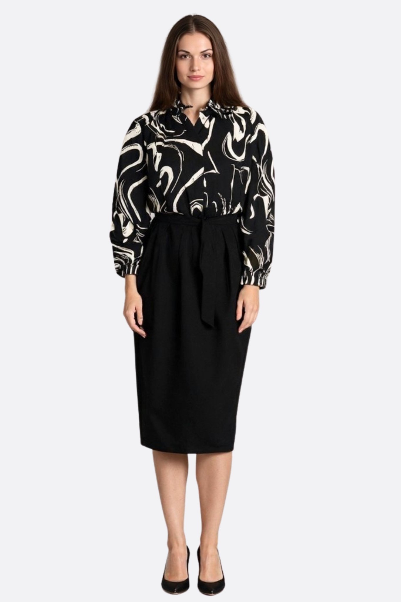 Robe mi - longue noire à haut imprimé artistique et ceinture nouée - MISCIANO