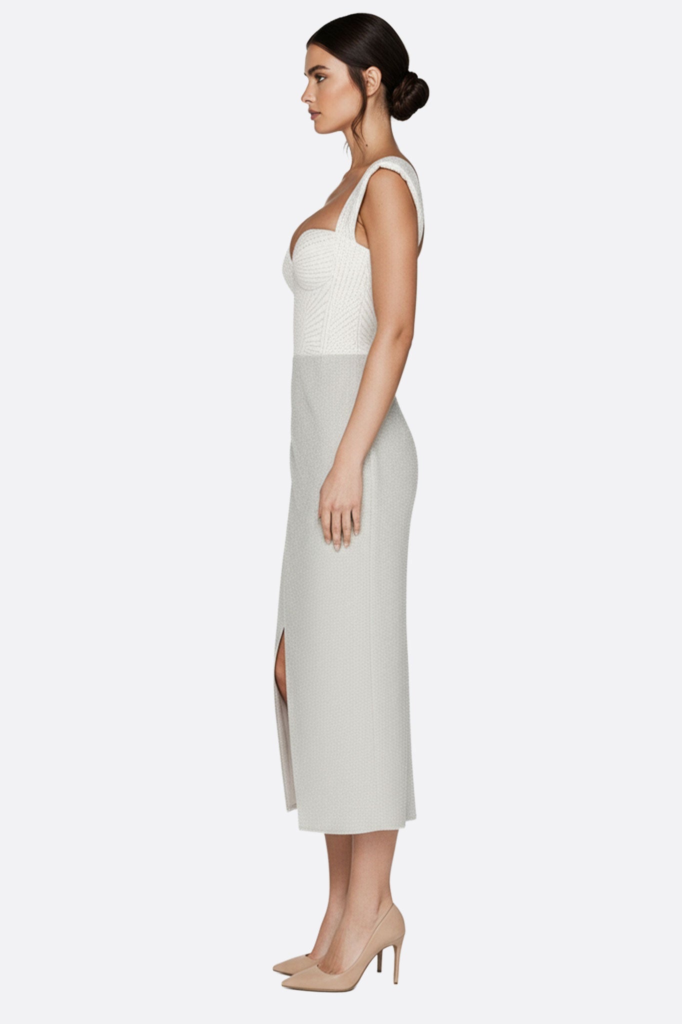 Structured white strapless dress  Chic elegance & modern slit  Misciano