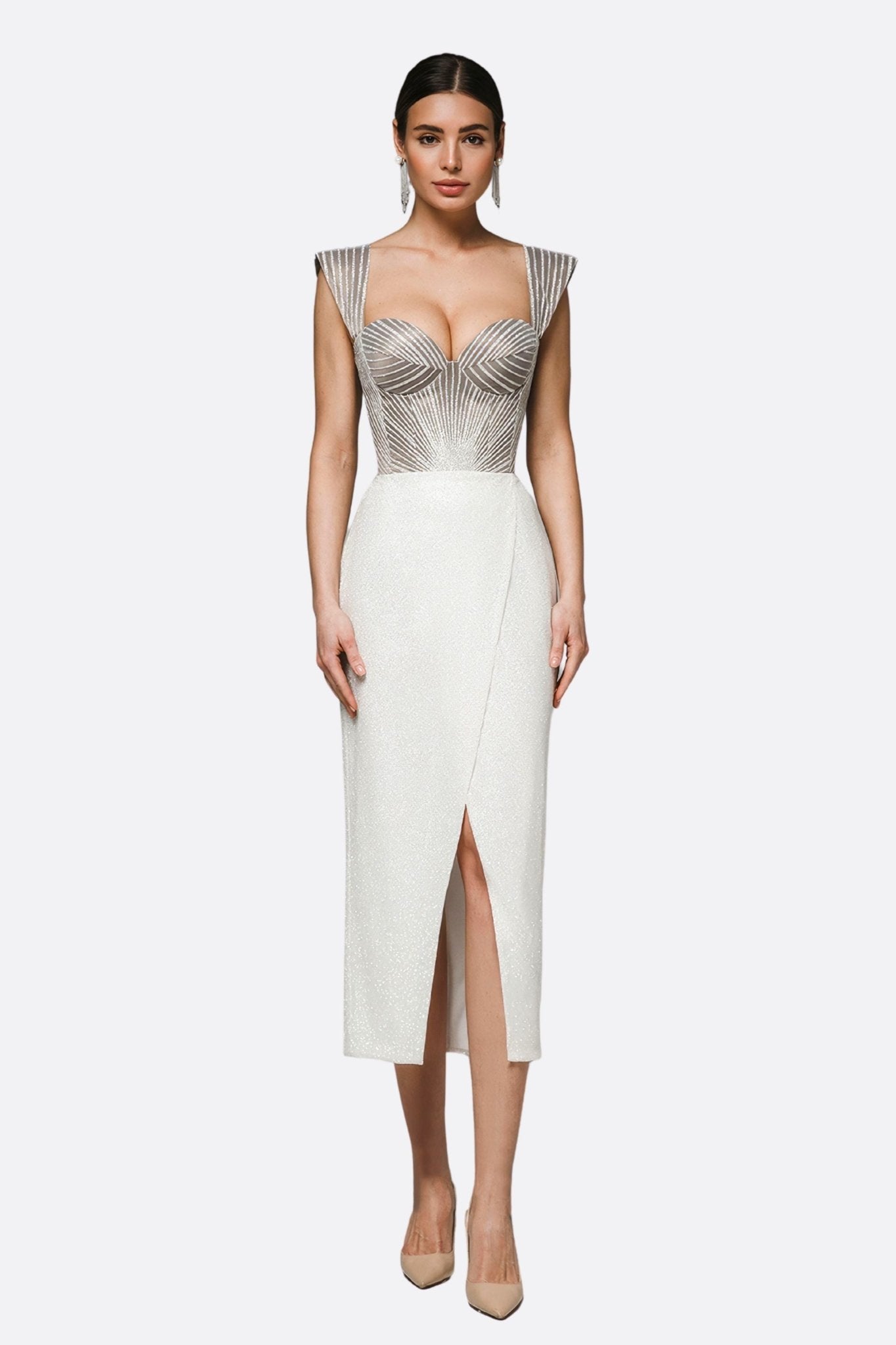 Robe midi à corset gris brodé et fente frontale - MISCIANO