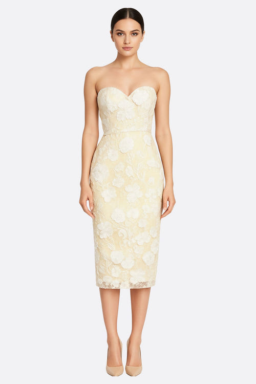 
Robe midi bustier en tulle transparent avec motifs floraux délicats, élégante et raffinée pour occasions spéciales.



