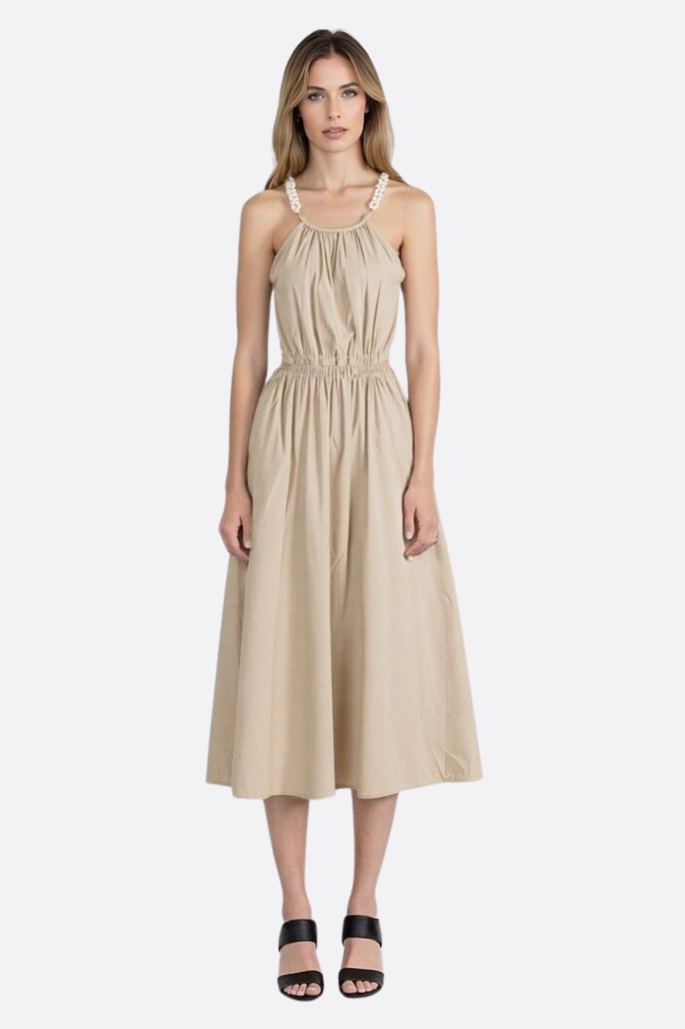 Robe midi dos nu en lin naturel à perles - MISCIANO