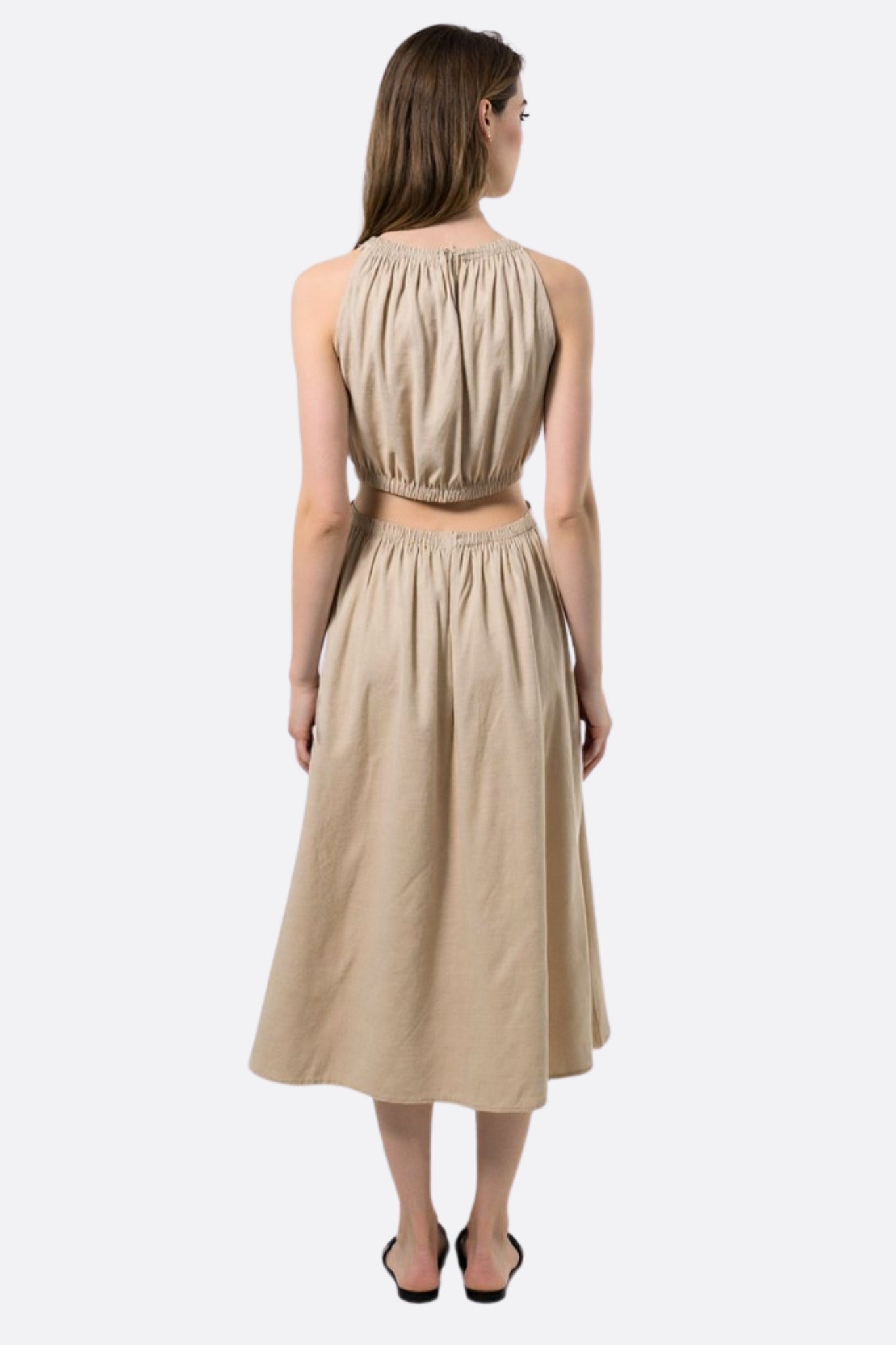 Robe midi dos nu en lin naturel à perles - MISCIANO