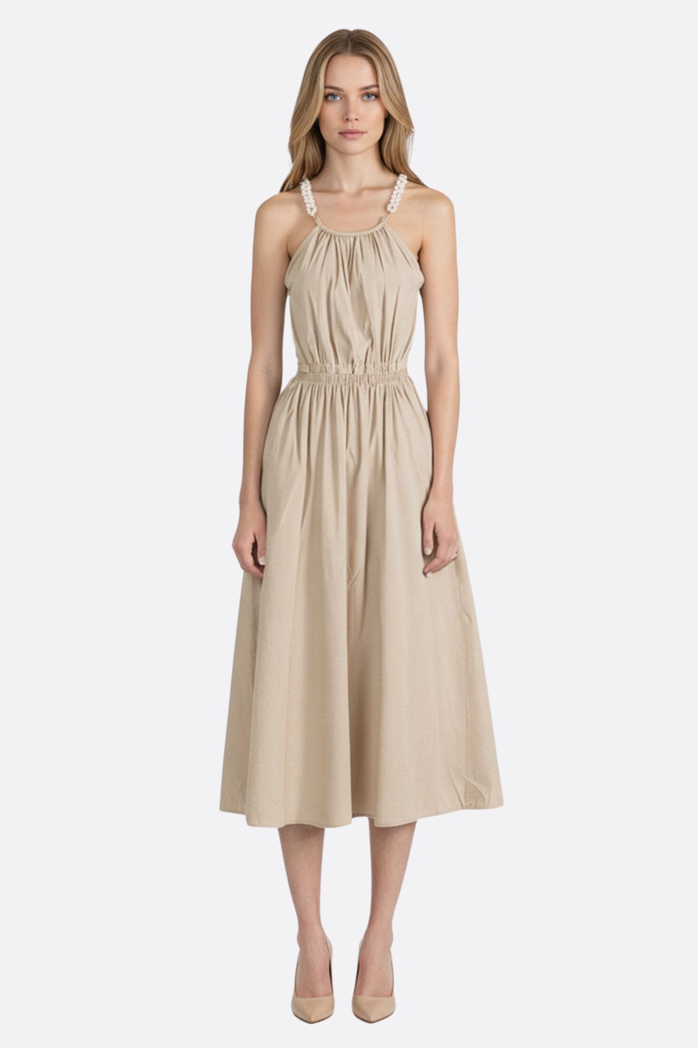 Robe midi dos nu en lin naturel à perles Misciano — dos graphique, texture lin, perles délicates