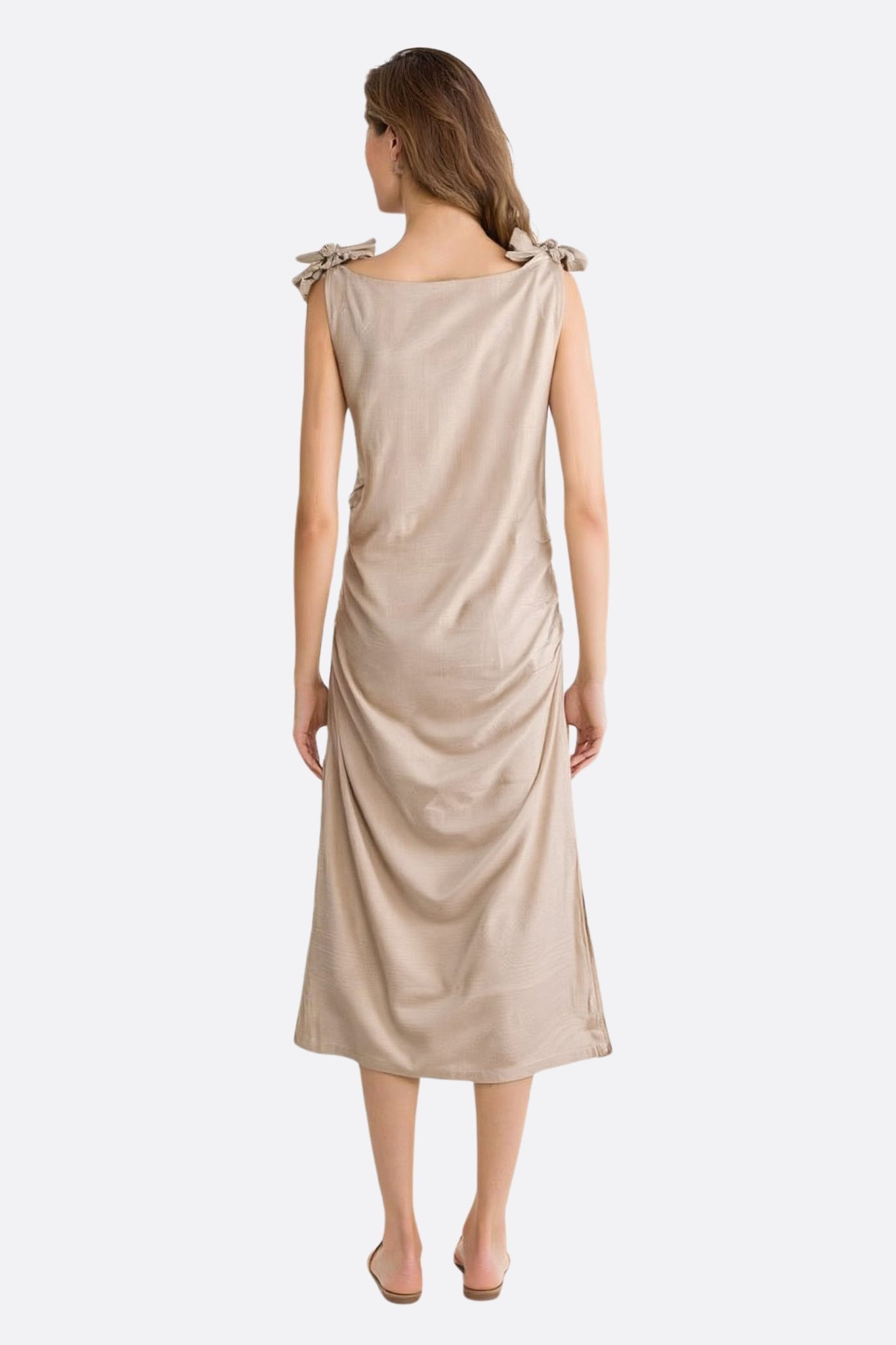 Robe midi en lin beige nouée aux épaules - MISCIANO