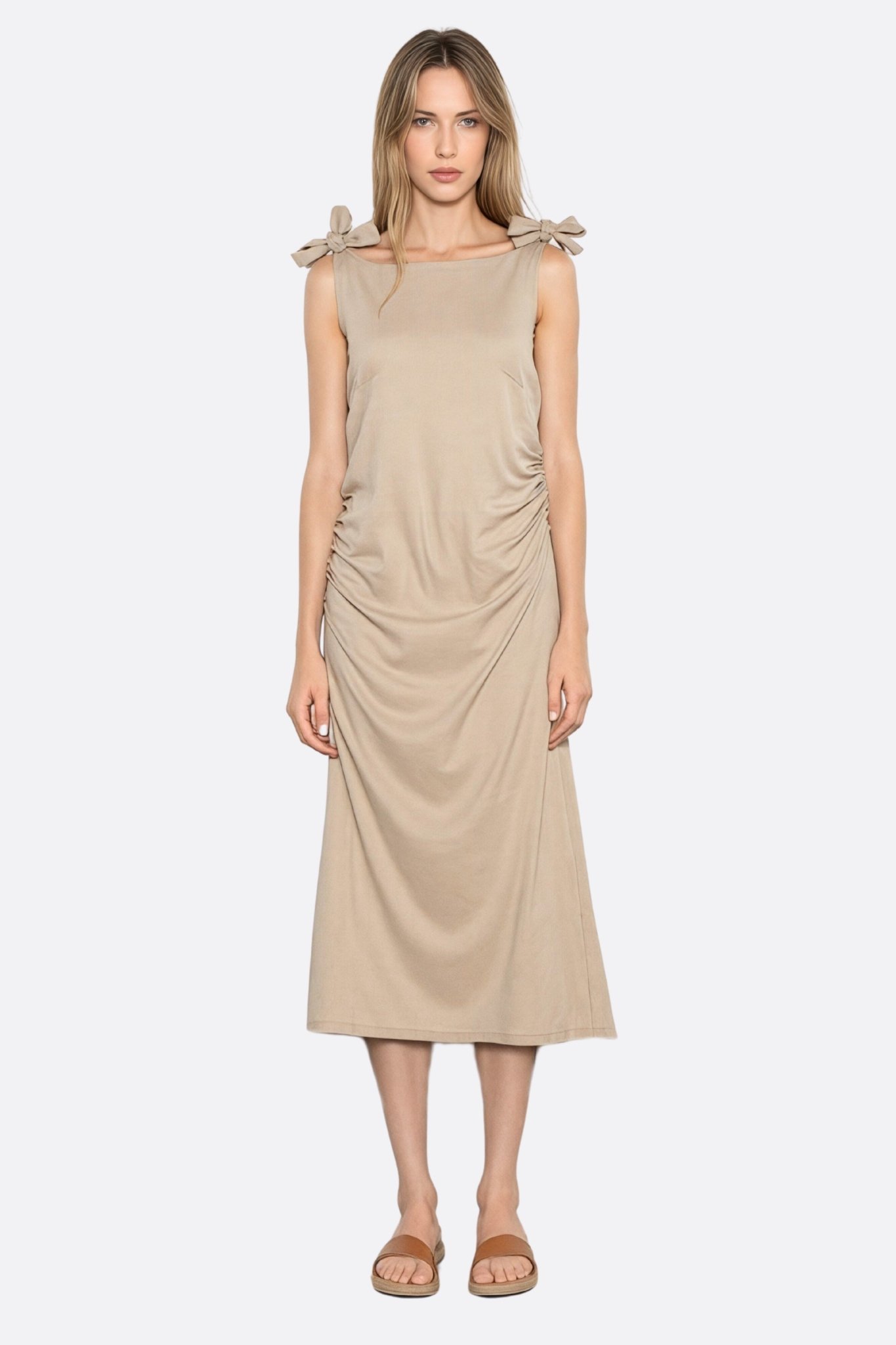Robe midi en lin beige nouée aux épaules - MISCIANO