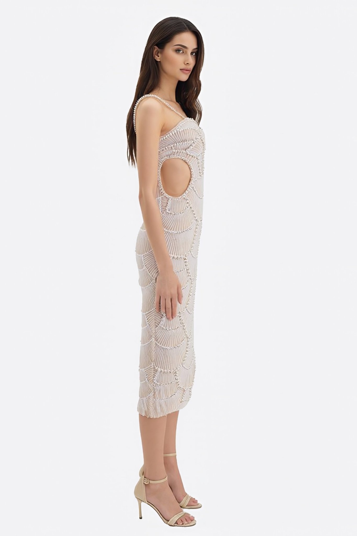 Robe midi perles et sequins champagne - MISCIANO