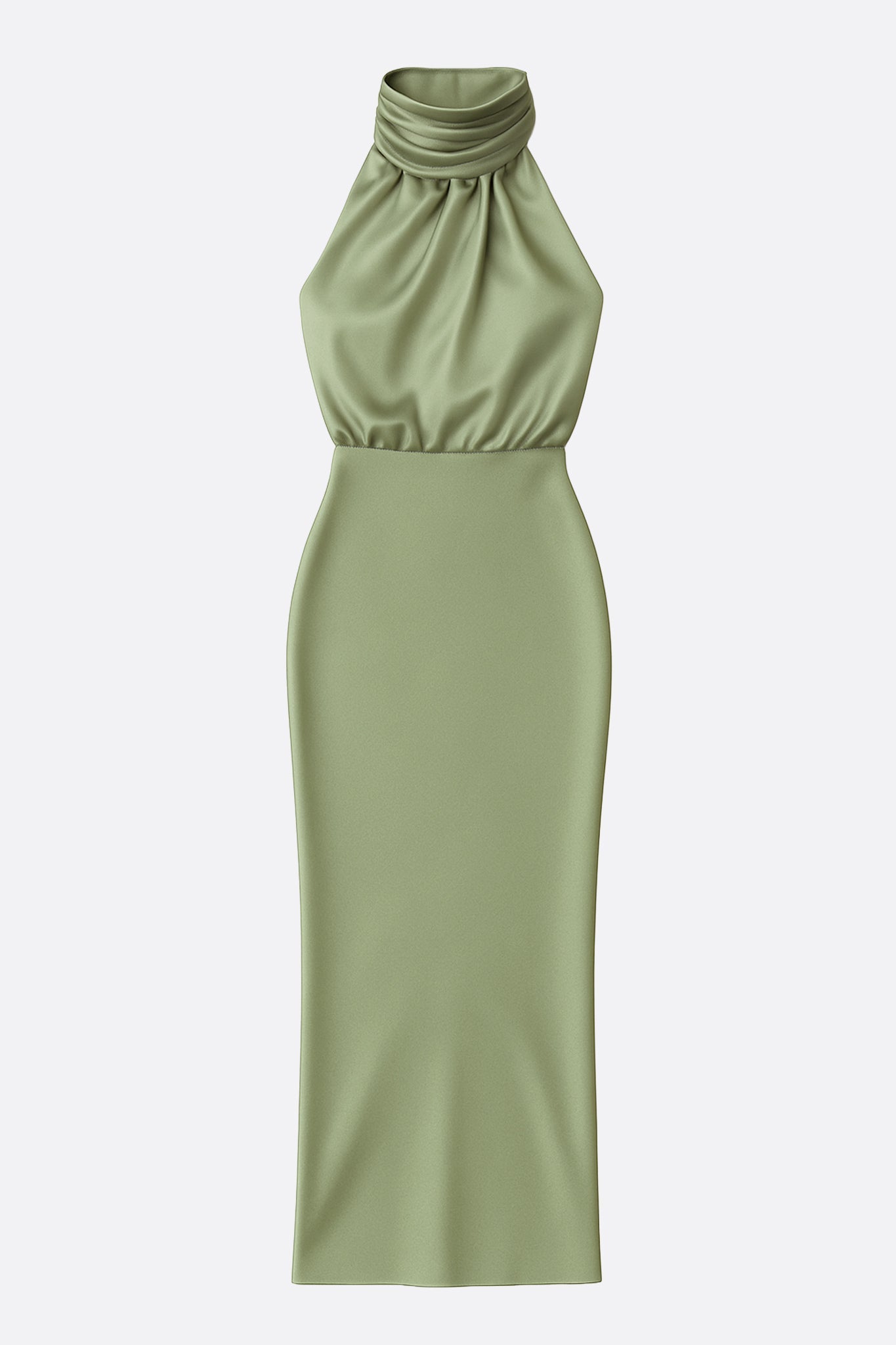 Détail du dos d'une robe midi satinée vert sauge, révélant la texture douce et l'élégance du col drapé.