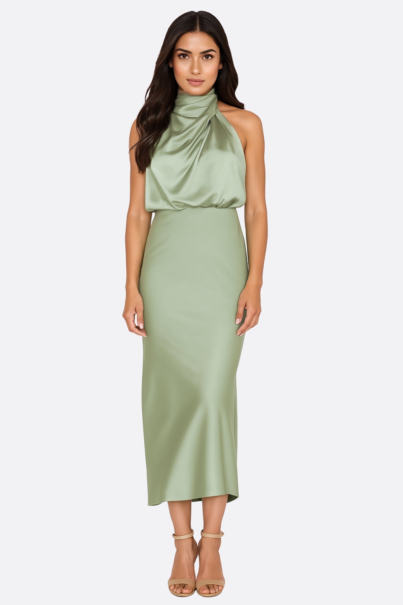 Robe midi satinée vert sauge à col drapé - MISCIANO