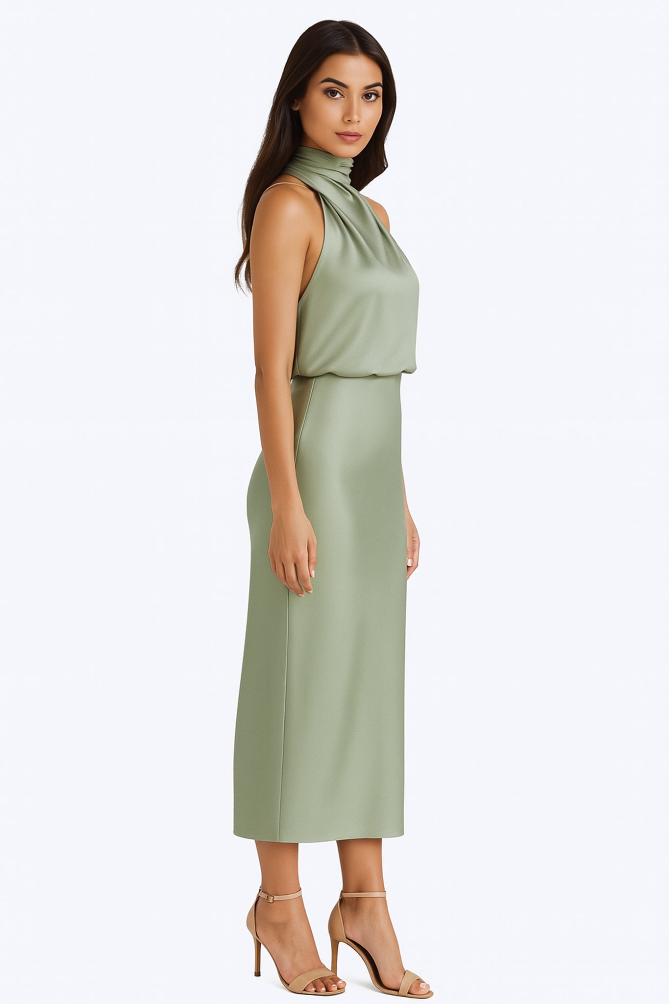 Robe midi satinée vert sauge à col drapé - MISCIANO