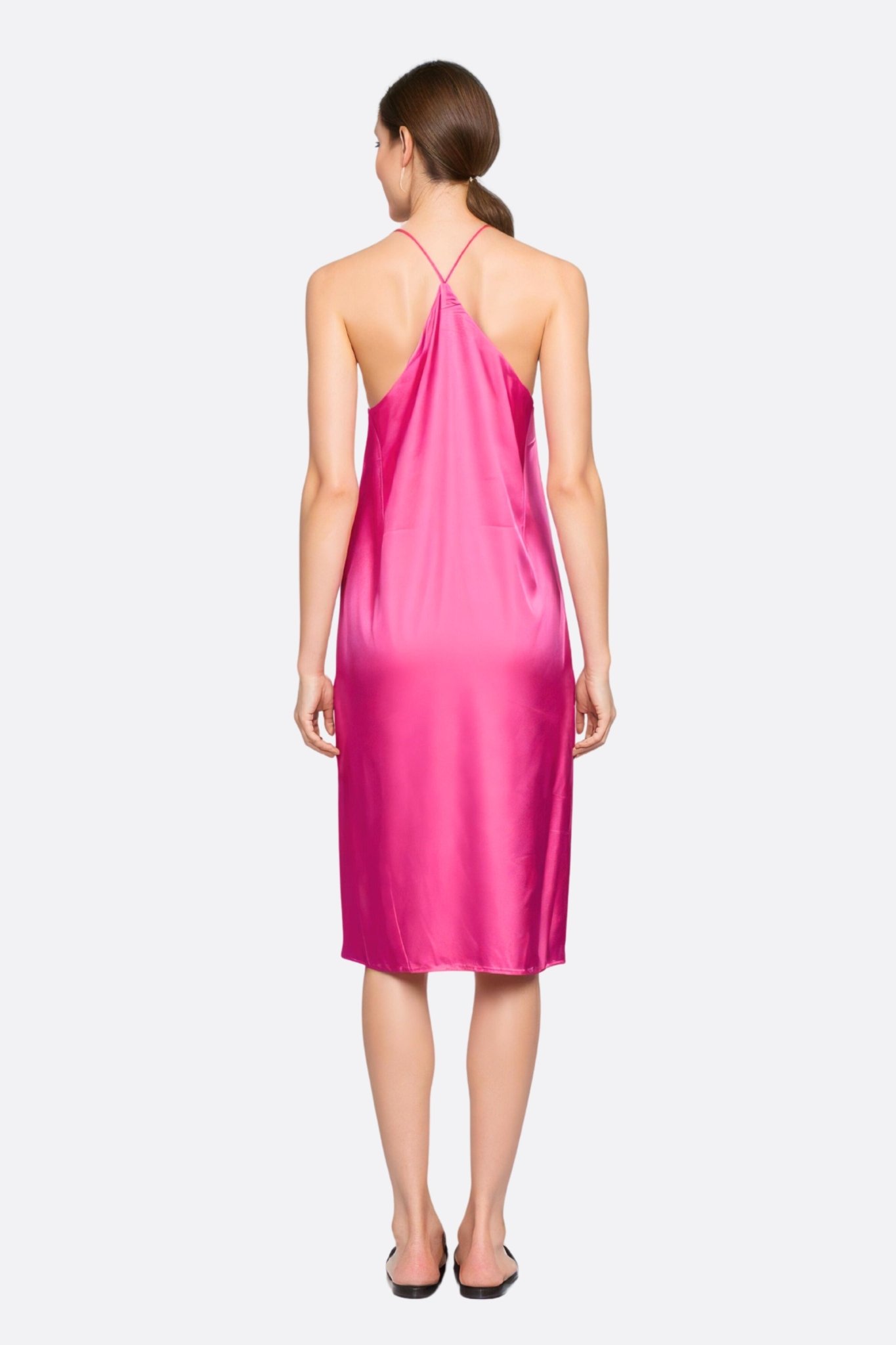 Robe satinée fuchsia à chaînettes de strass argentés - MISCIANO