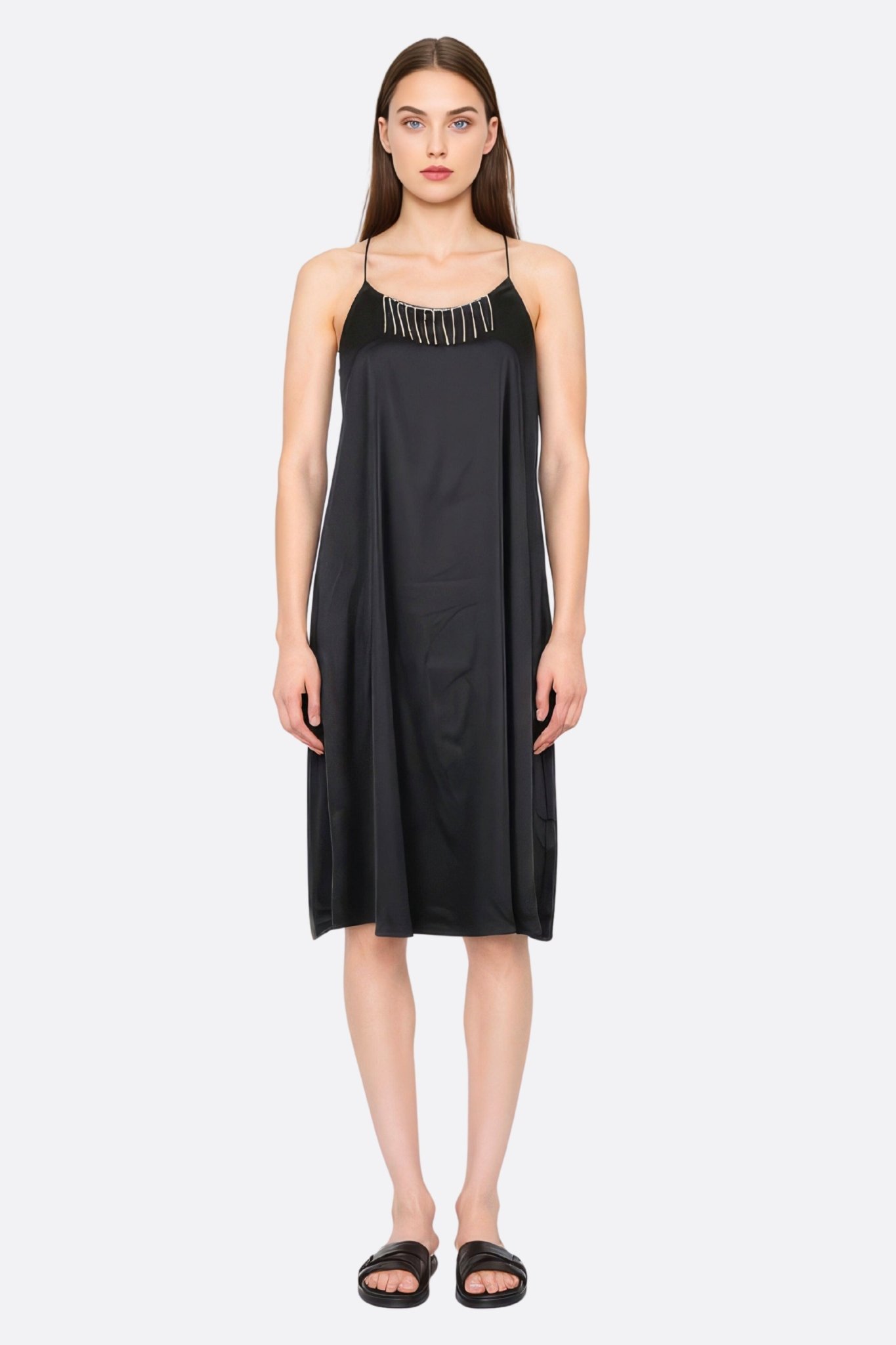 Robe satinée noire à chaînettes de strass argentés - MISCIANO
