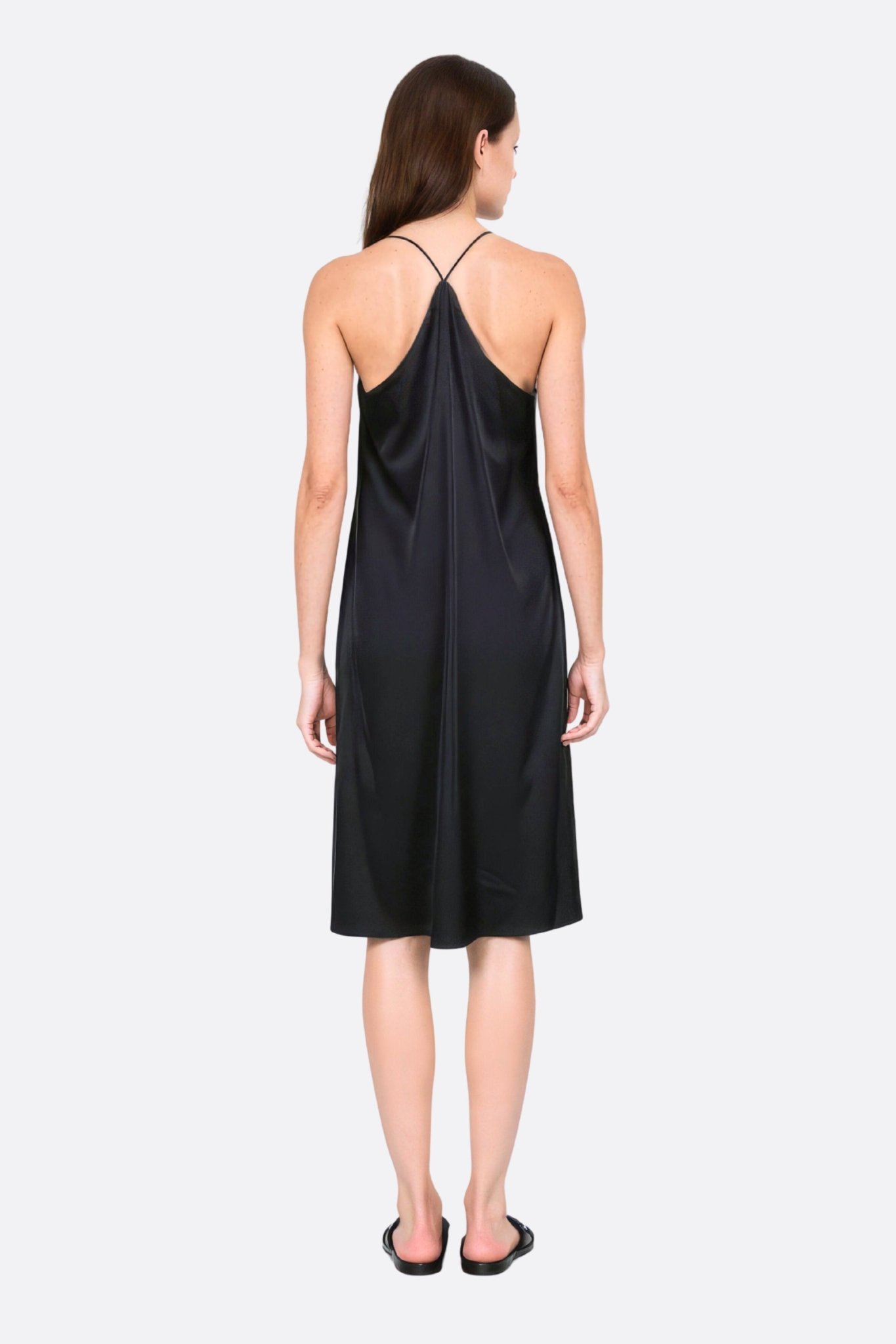 Robe satinée noire à chaînettes de strass argentés - MISCIANO
