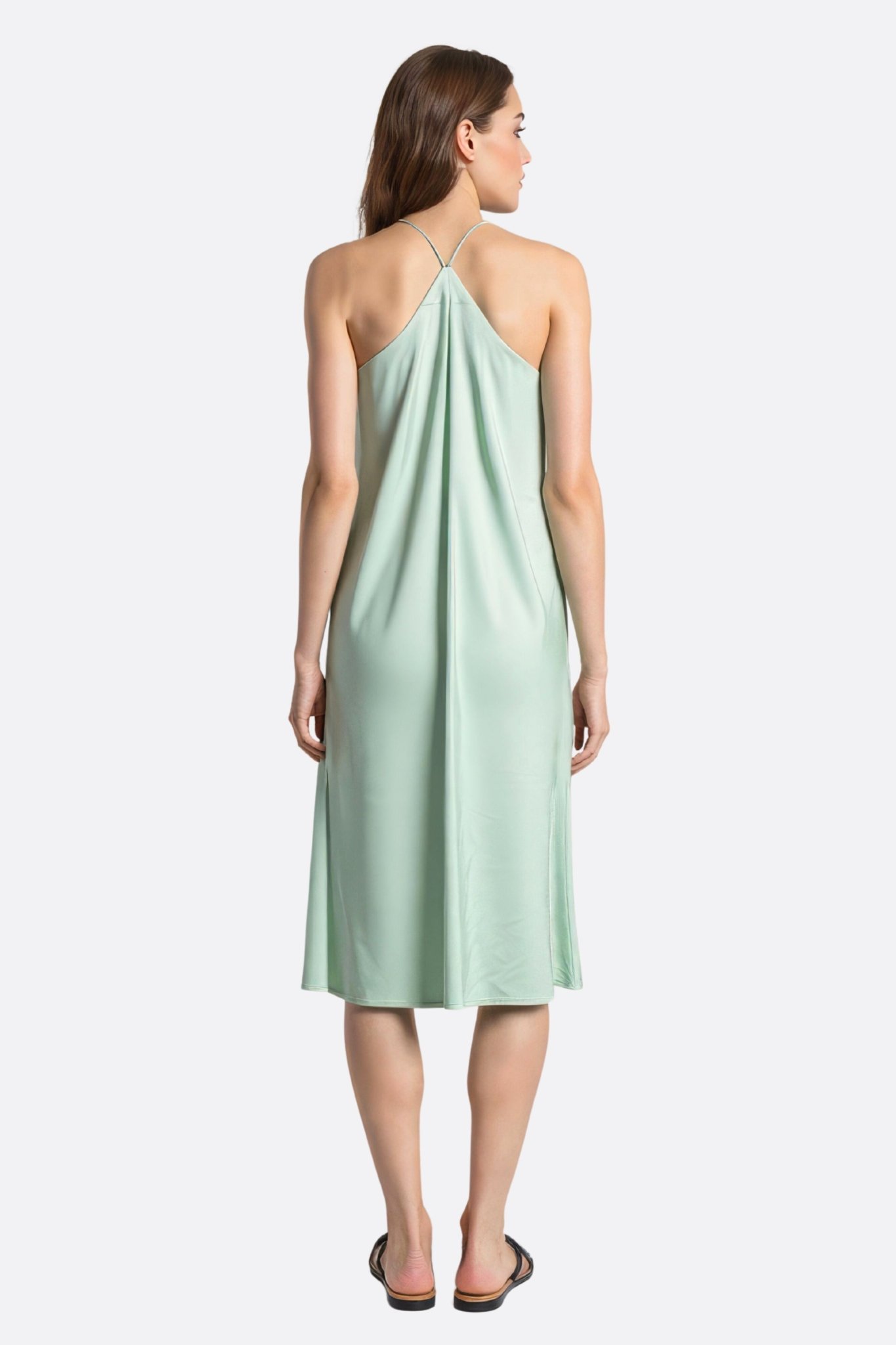 Robe satinée verte mint à chaînettes de strass argentés - MISCIANO