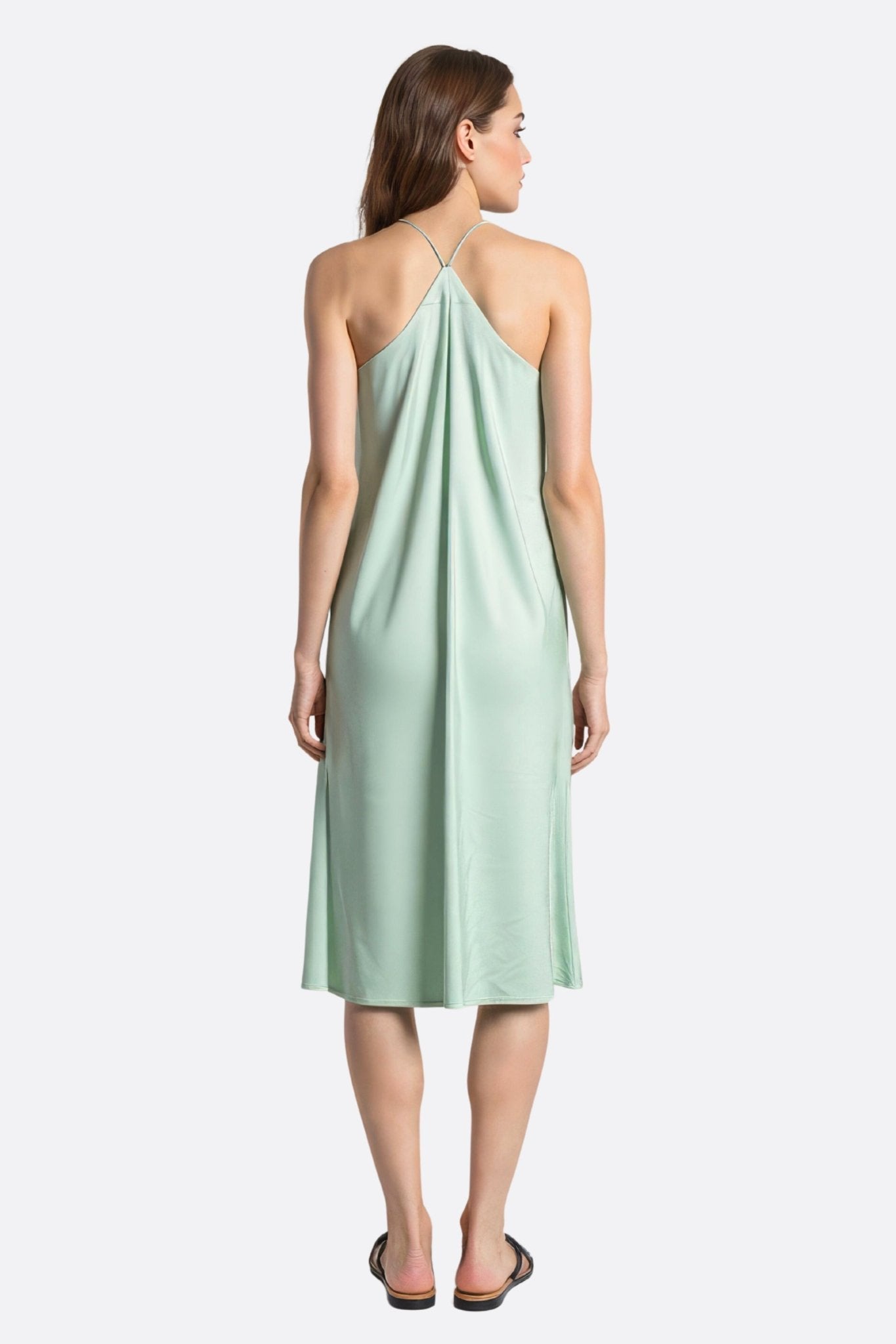 Robe satinée verte mint à chaînettes de strass argentés - MISCIANO