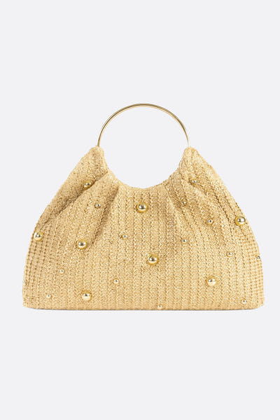 
Cabas en raphia doré orné de perles lumineuses, accessoire chic pour une journée ensoleillée ou une soirée élégante.



