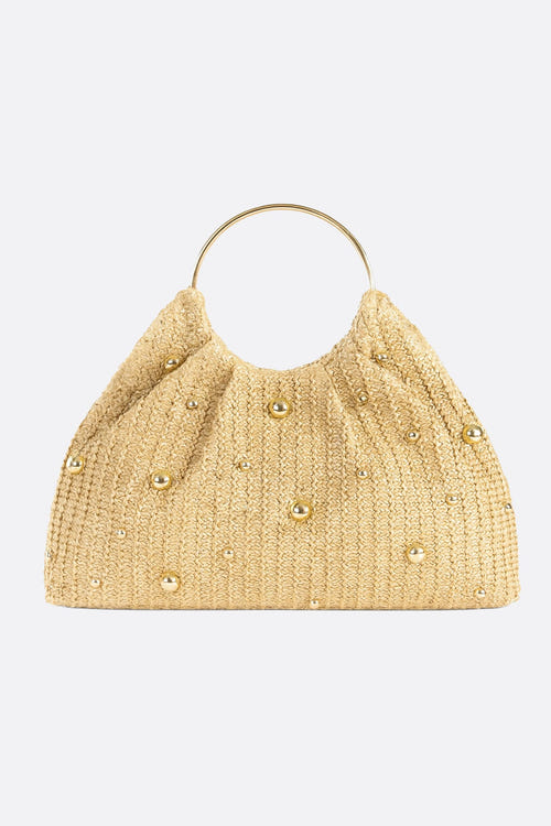 
Cabas en raphia doré orné de perles lumineuses, accessoire chic pour une journée ensoleillée ou une soirée élégante.



