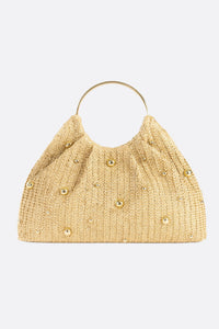 Сумка-шоппер из золотистой рафии, украшенная золотыми бусинами 