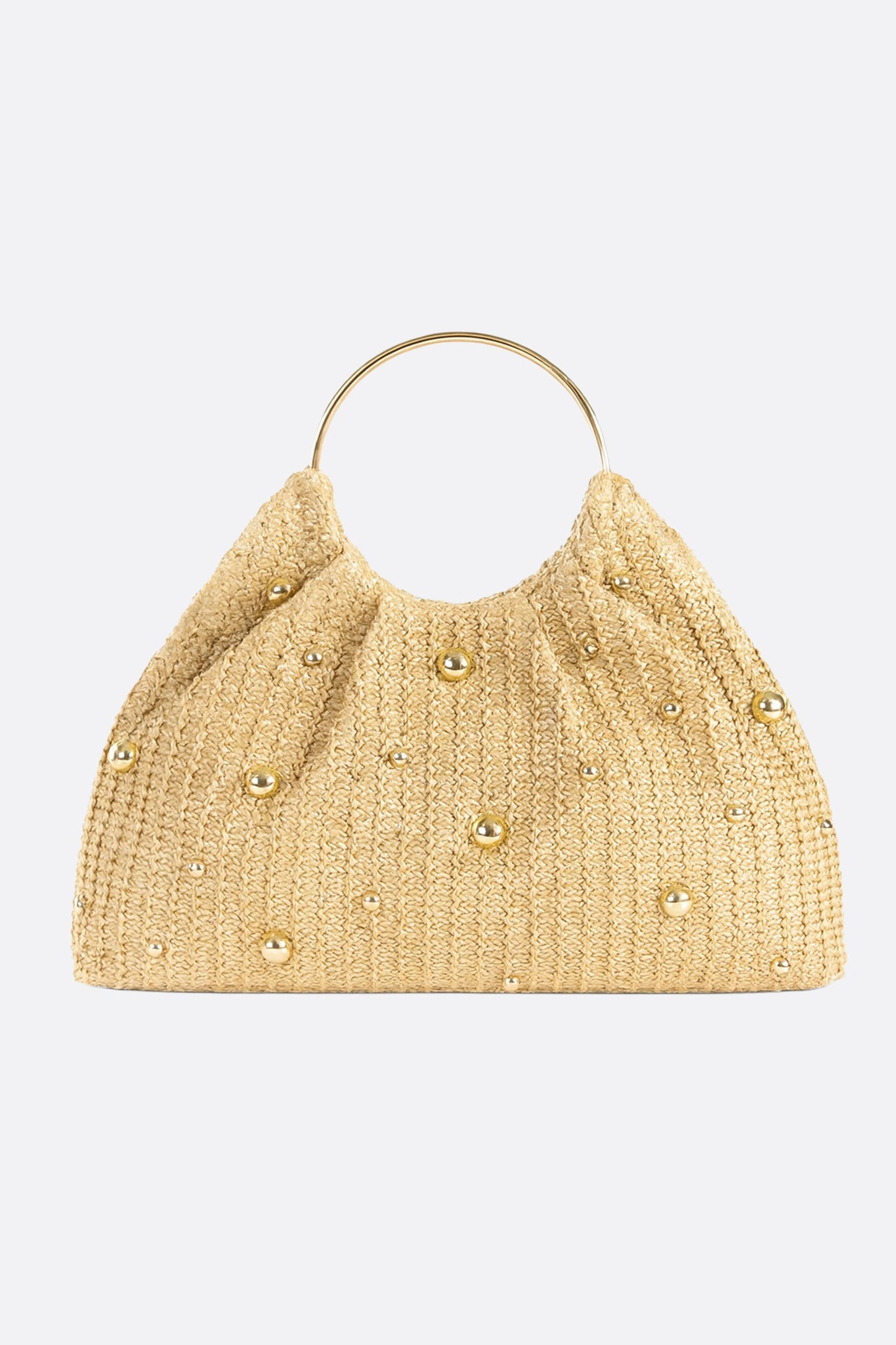 Cabas en raphia doré orné de perles lumineuses, accessoire chic pour une journée ensoleillée ou une soirée élégante.